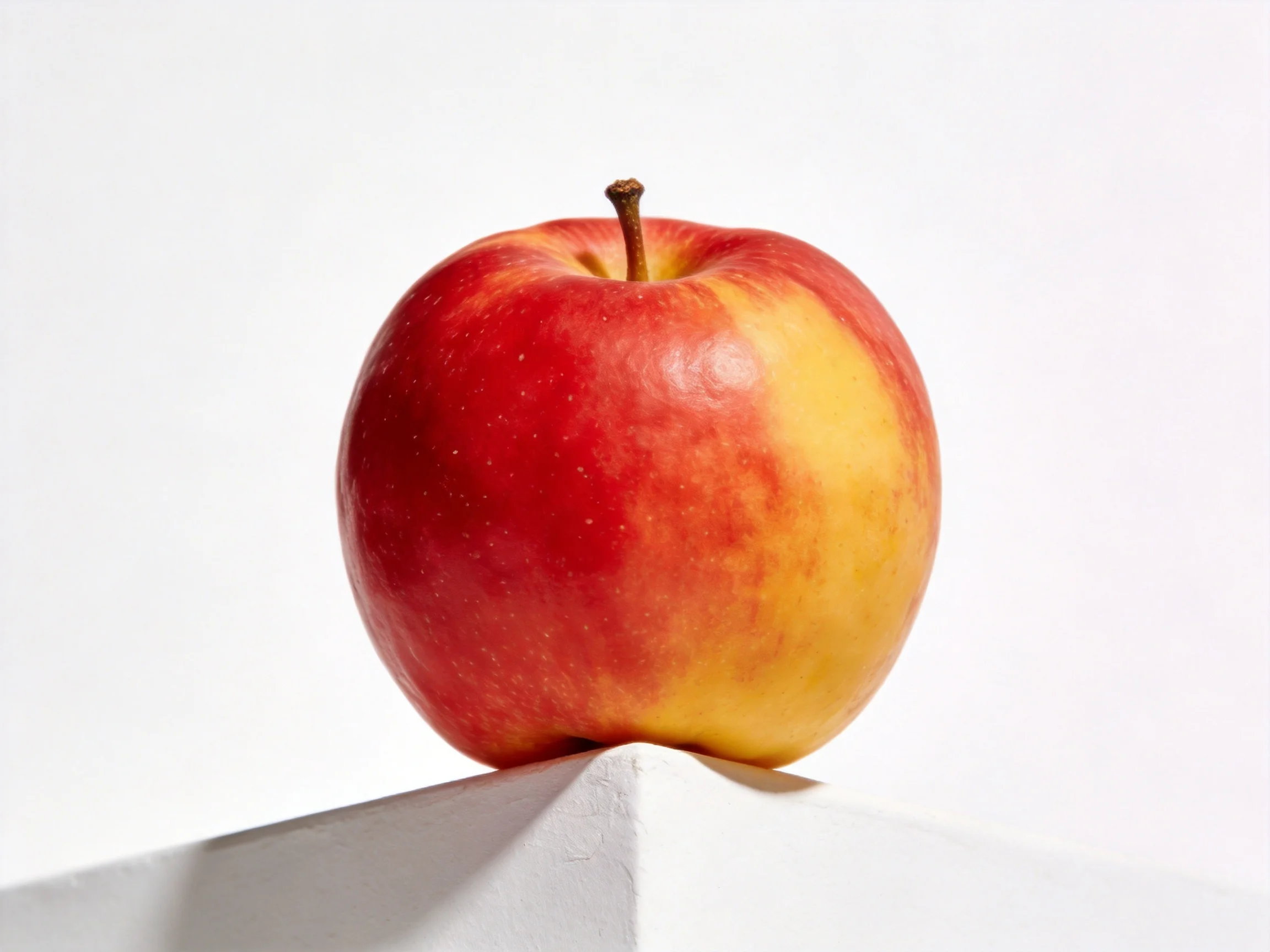 A red and yellow apple balanced on a white angular platform