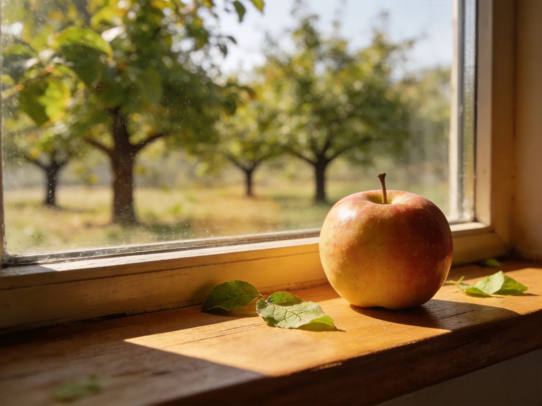 A red and yellow apple sits on a wooden windowsill with scattered green leaves