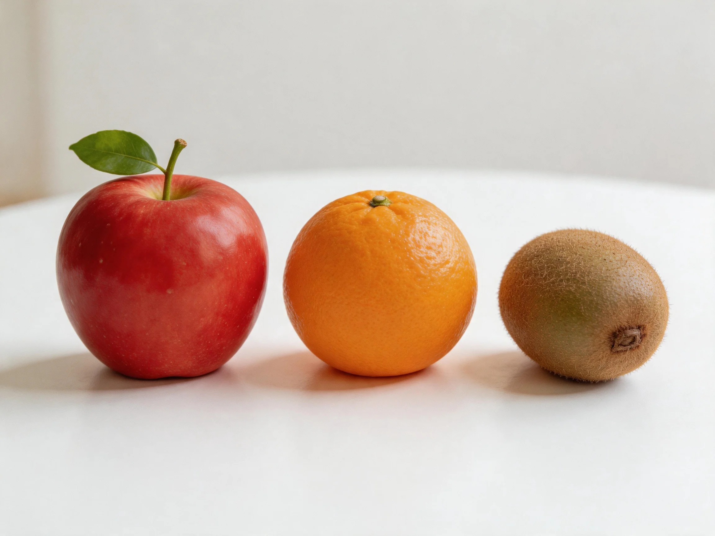 A red apple, orange, and brown kiwi sit side by side