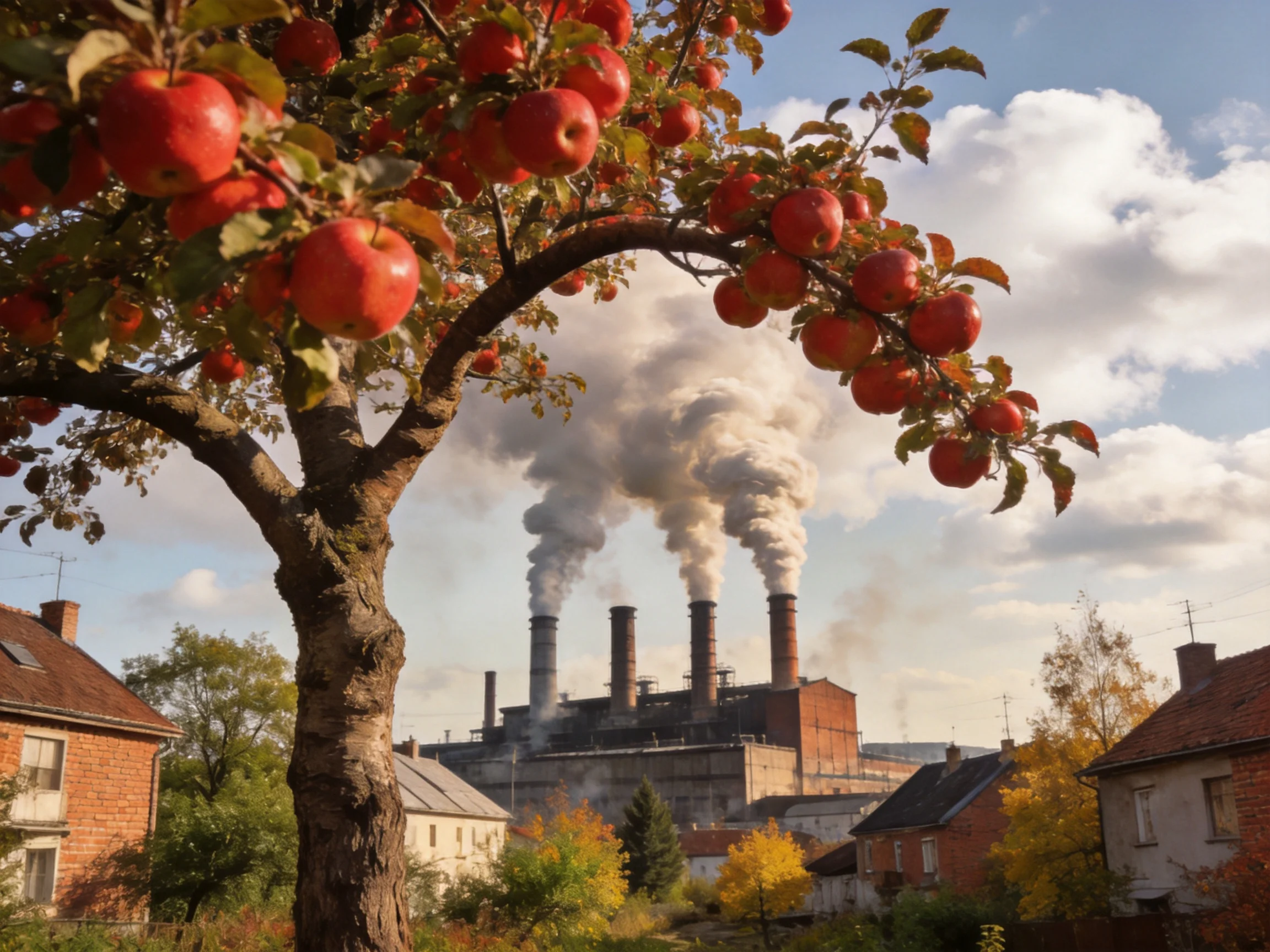 A red apple tree near brick homes by a smoky industrial plant