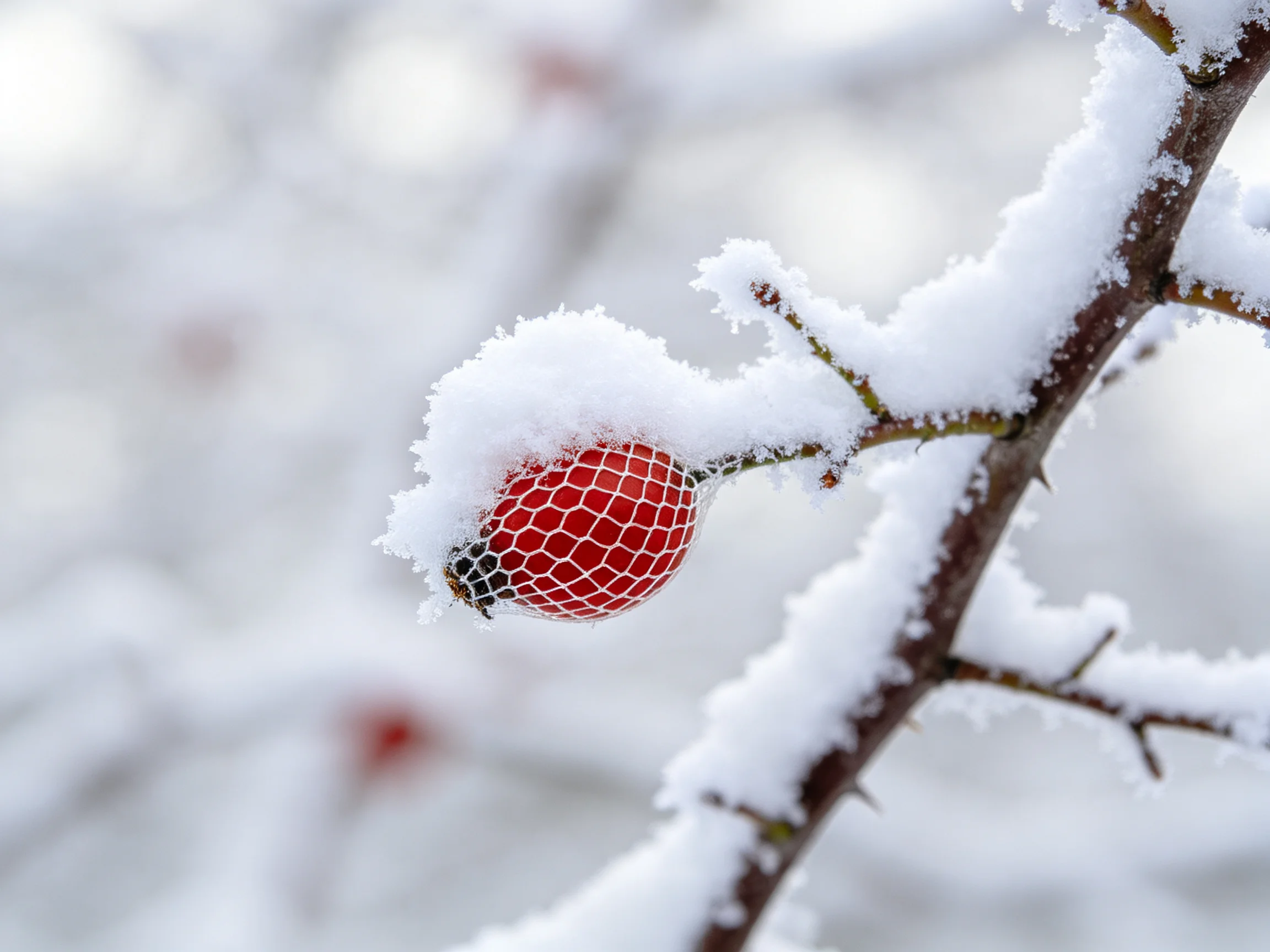 A red berry enclosed in netting on a snow-draped branch