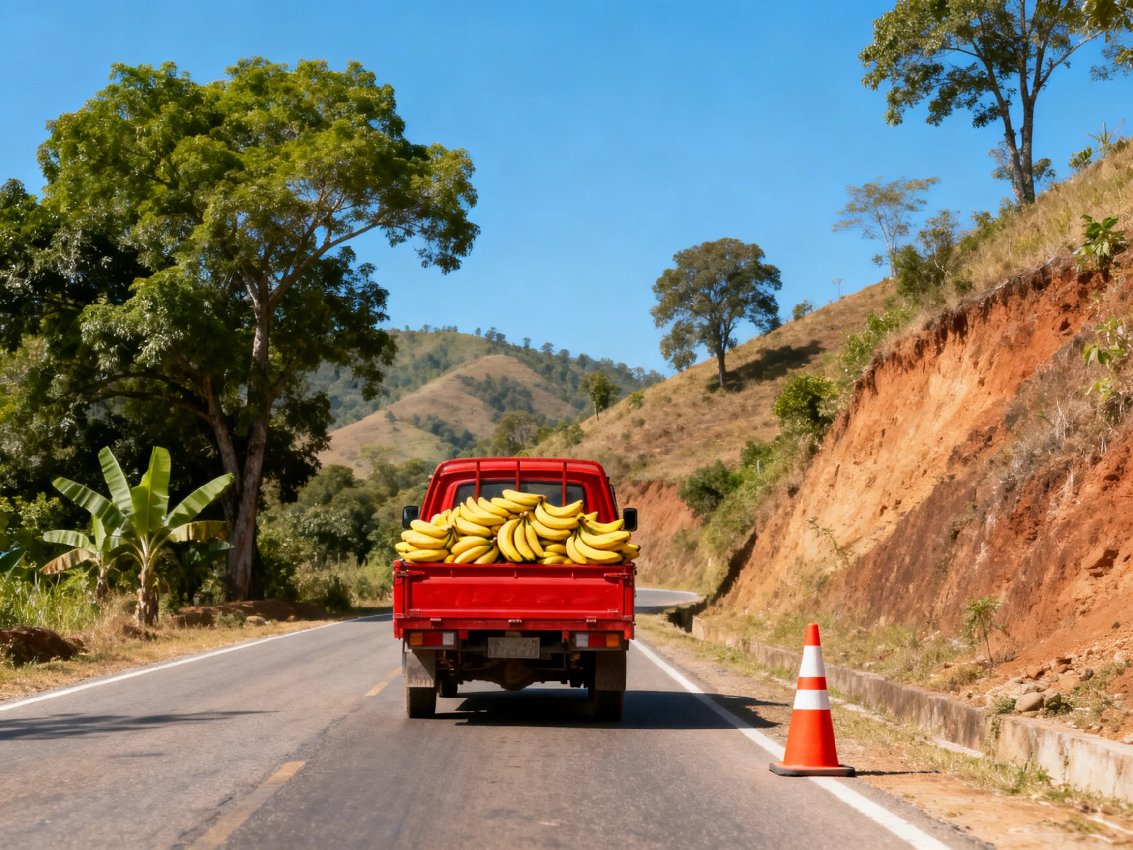 A red pickup truck loaded with bananas travels down a rural road