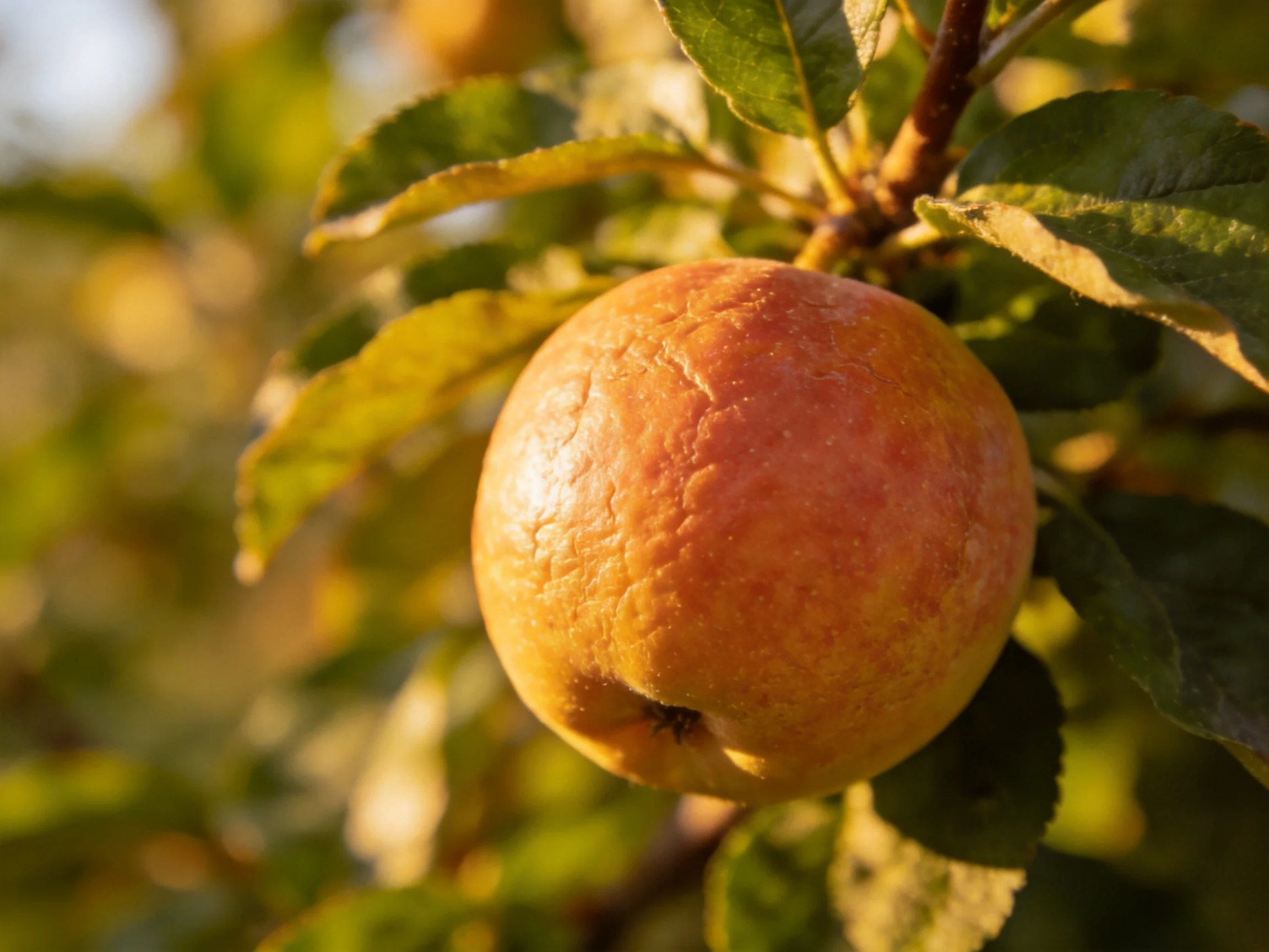 A reddish-orange apple hangs from a leafy tree branch