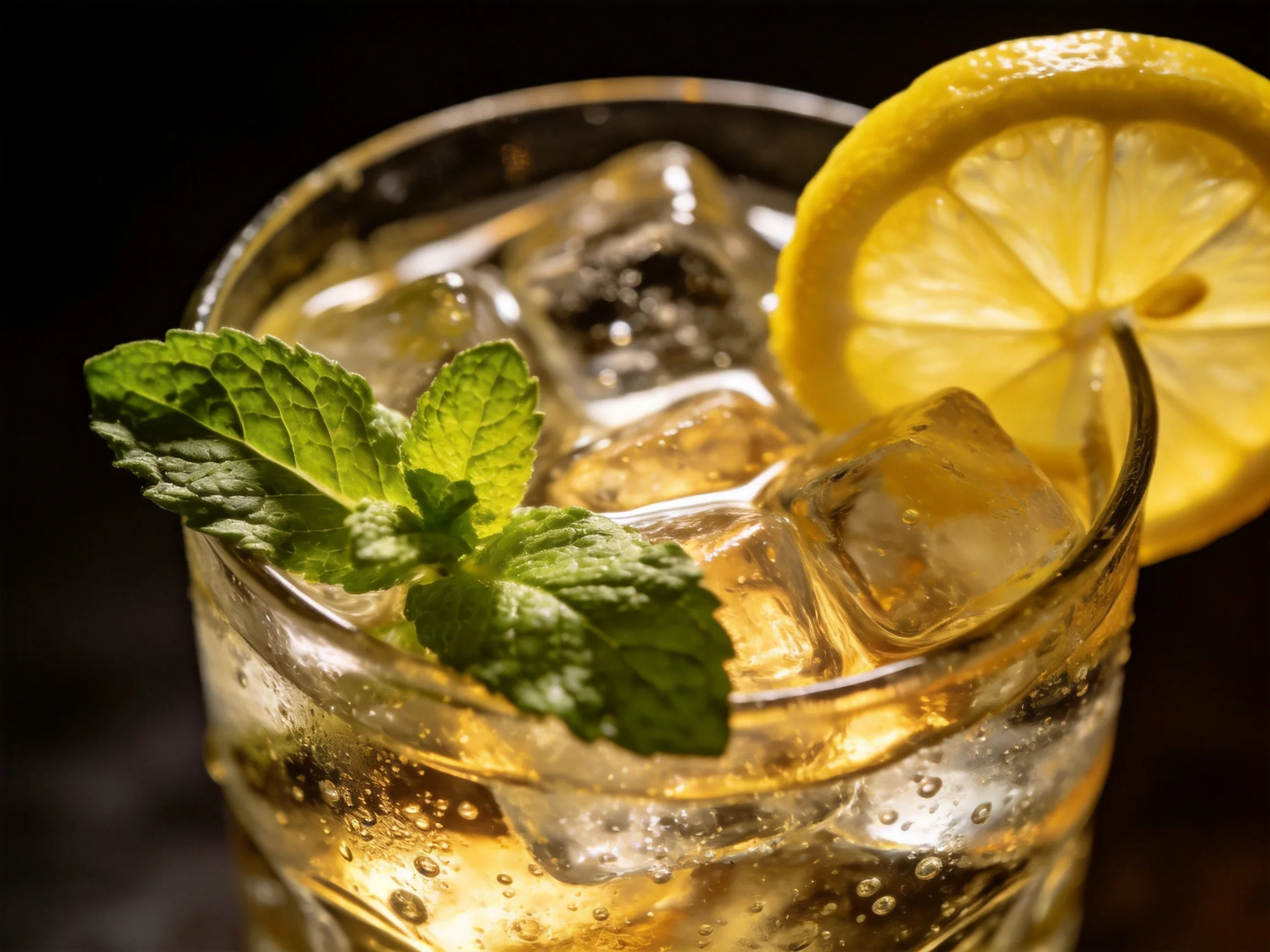 A refreshing cocktail with ice cubes, lemon slice, and mint garnish