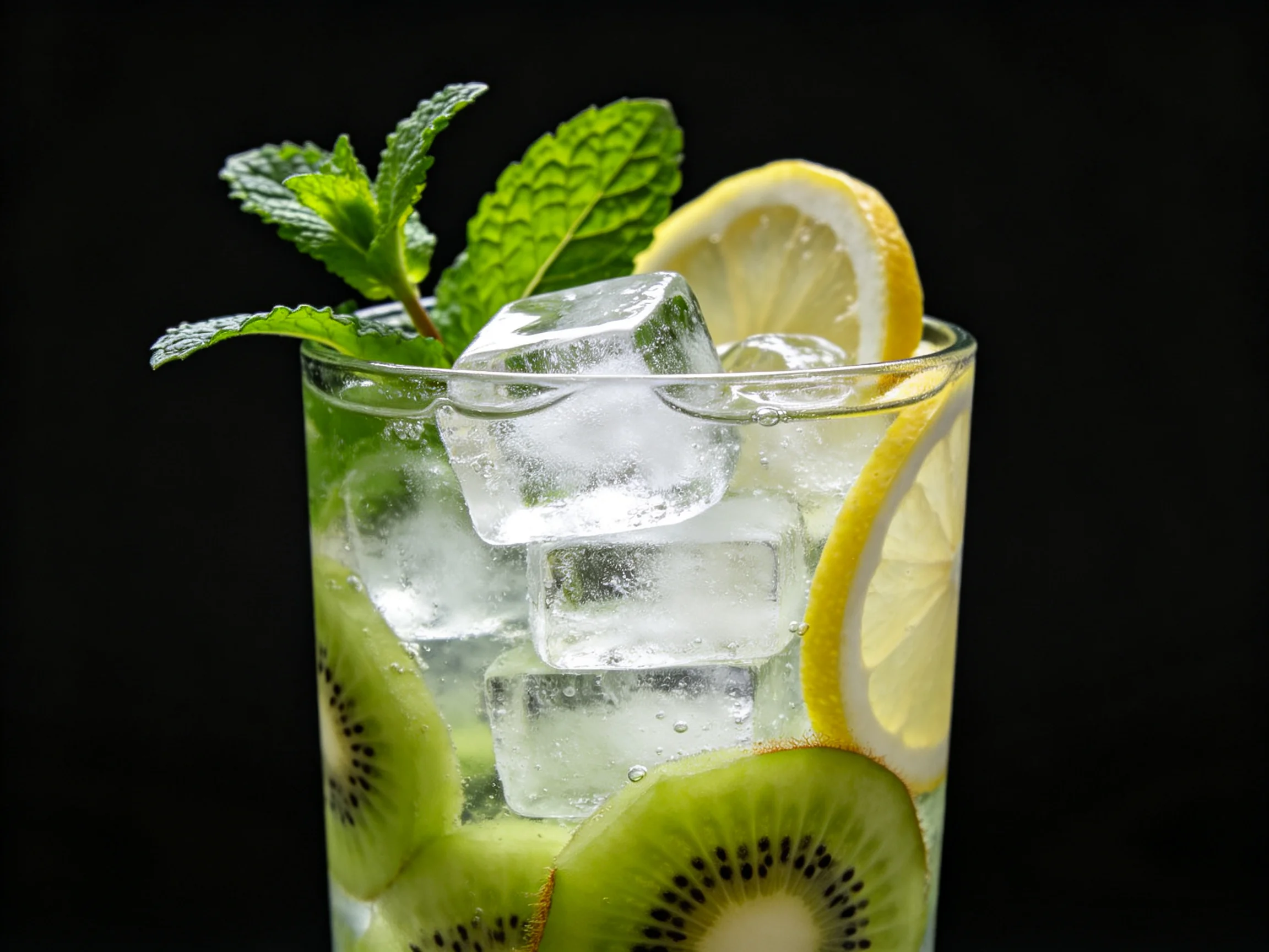 A refreshing drink with ice cubes, kiwi slices, lemon, and mint