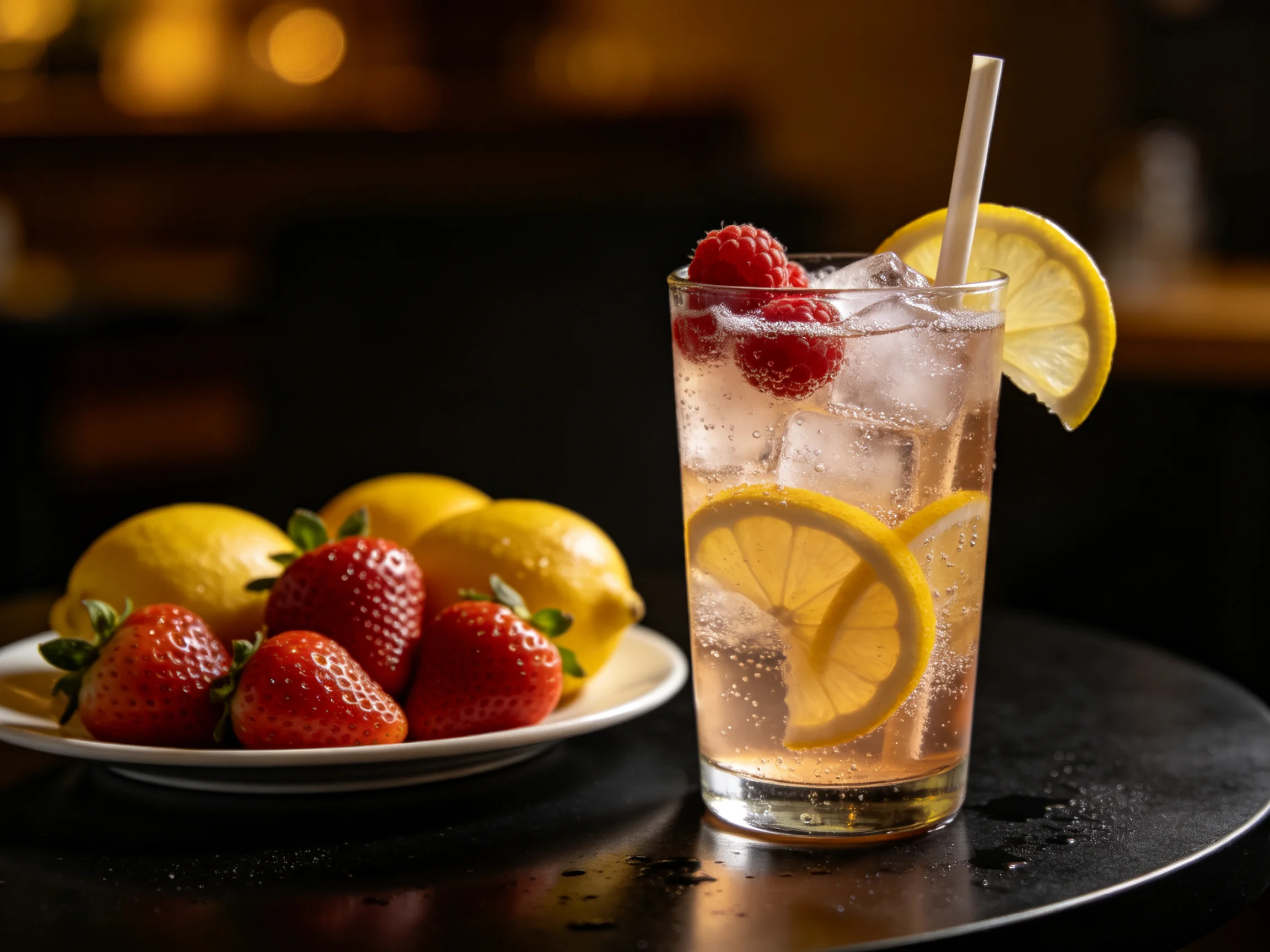 A refreshing drink with lemon, raspberry, and fresh fruit nearby