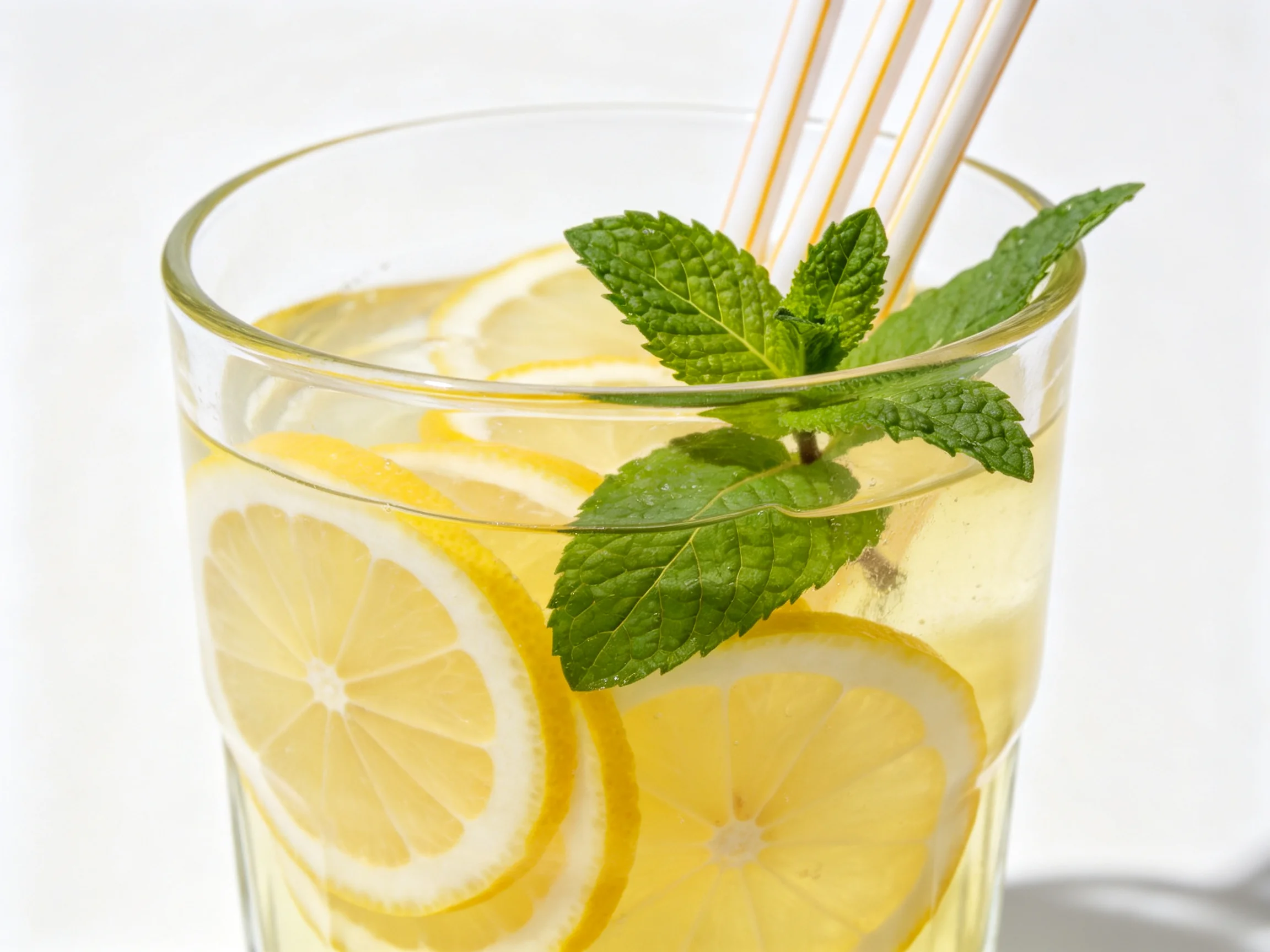 A refreshing drink with lemon slices, mint, and striped straws
