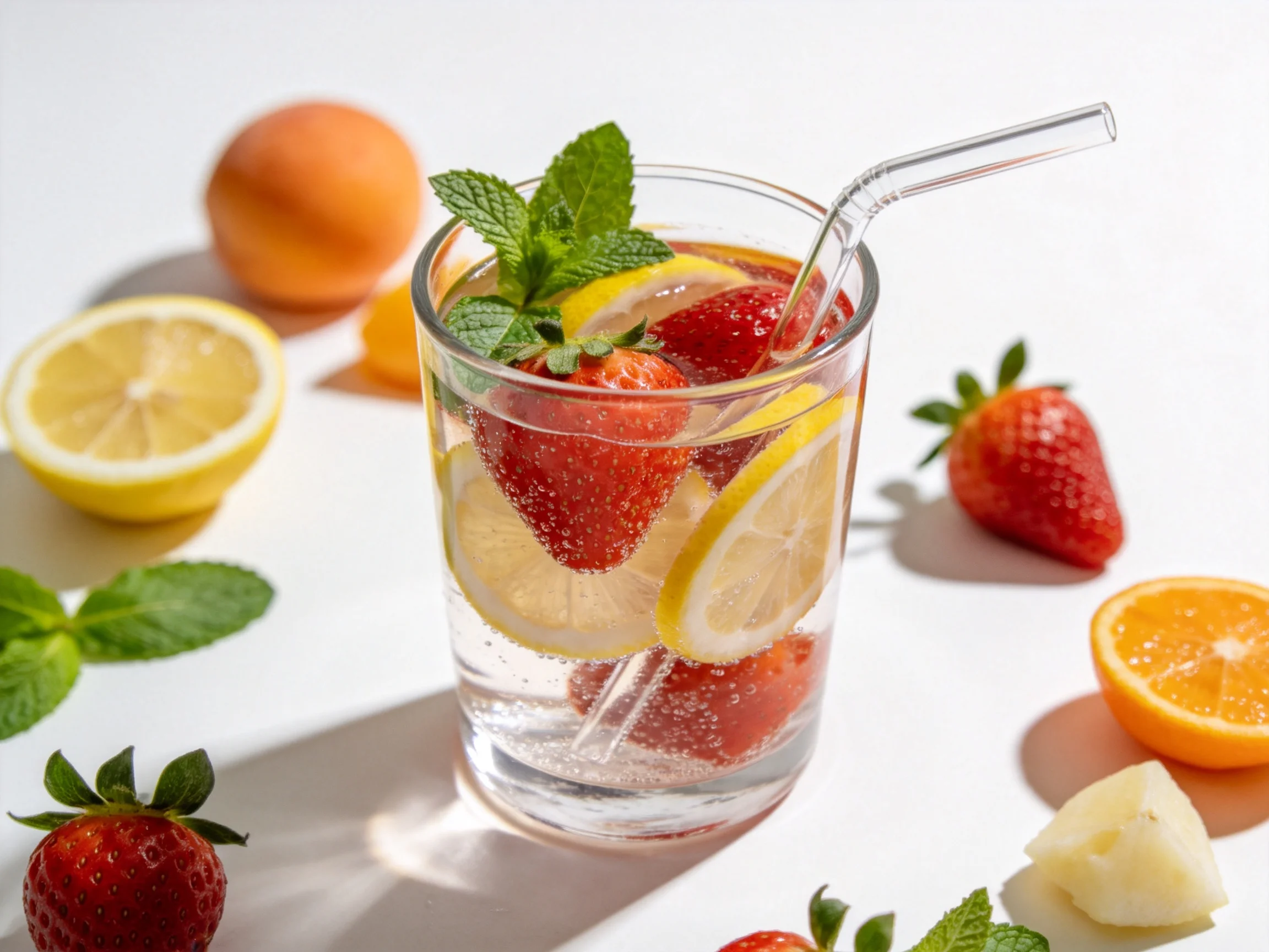 A refreshing drink with strawberries, lemon slices, and mintnear citrus fruits