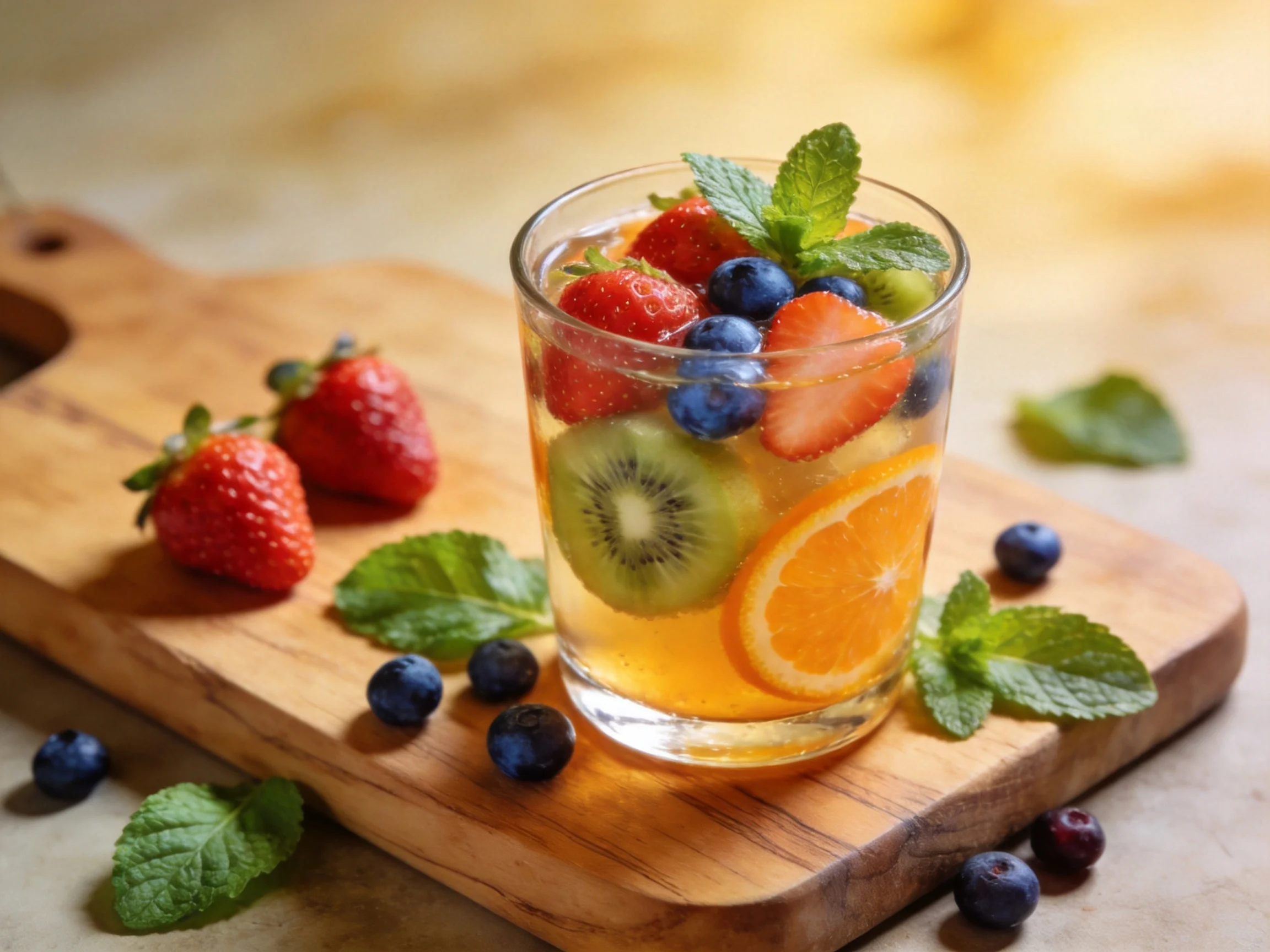A refreshing fruit cocktail with strawberries, kiwi, and citrus in a glass