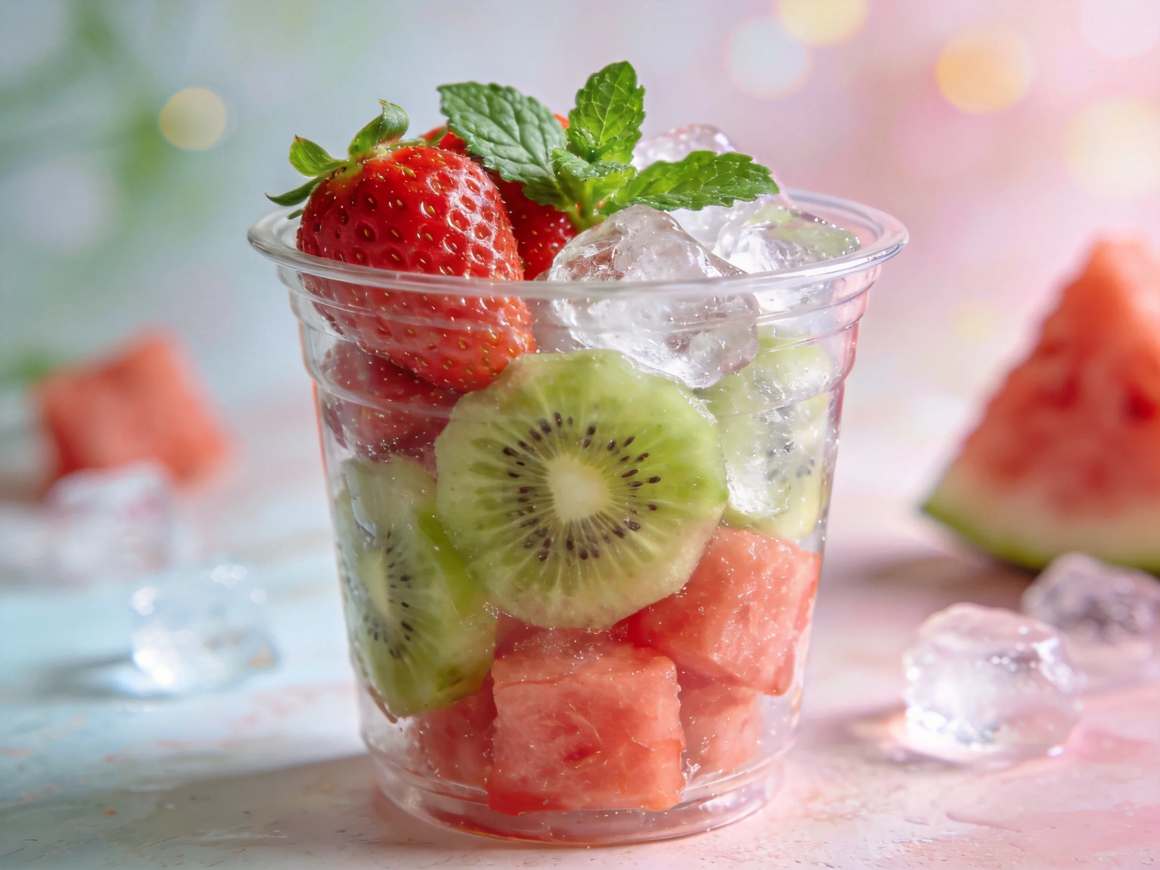 A refreshing fruit cup with strawberries, kiwi, watermelon, ice, and mint