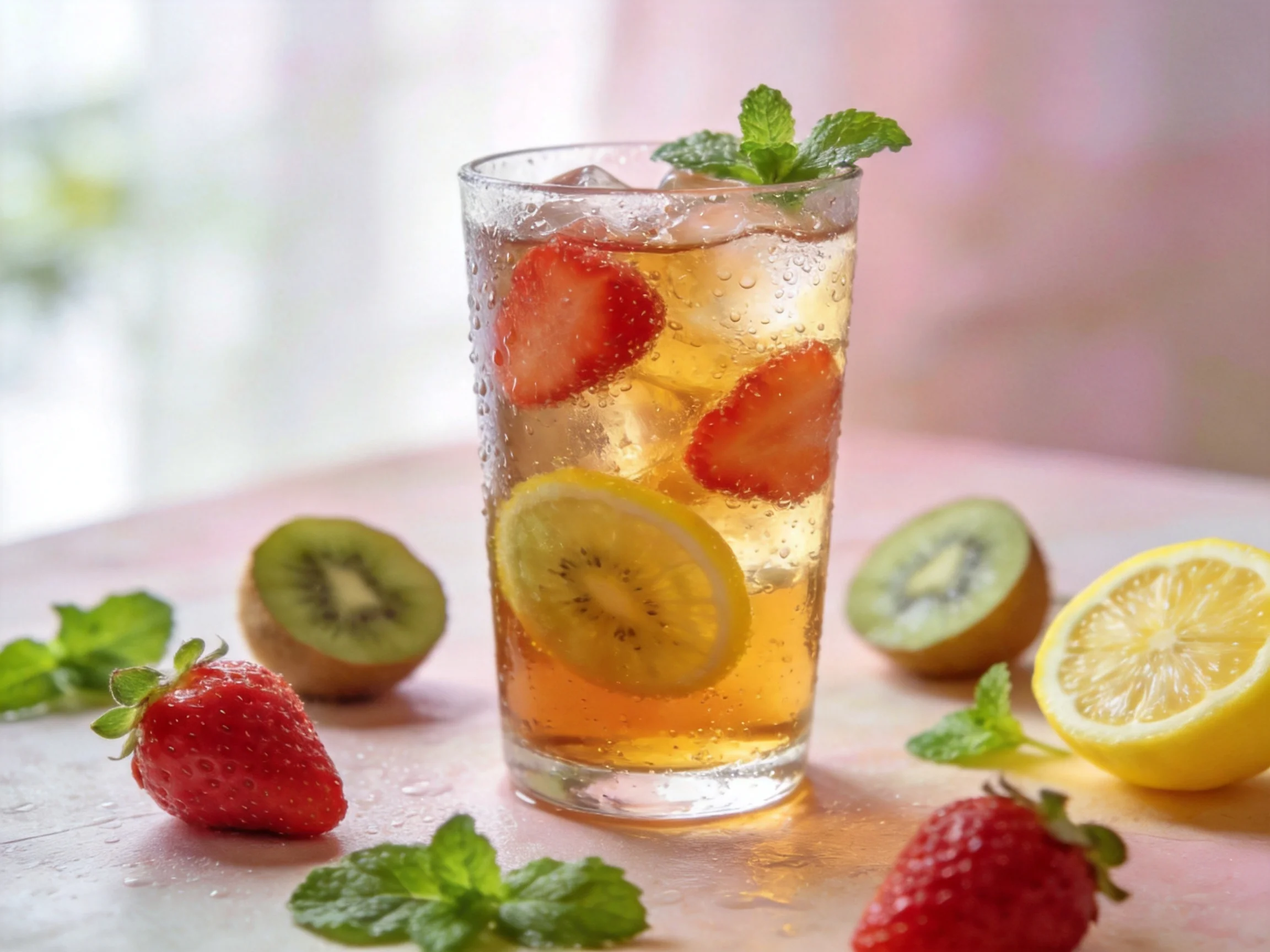 A refreshing fruit-infused drink with strawberries, kiwis, lemons, and mint