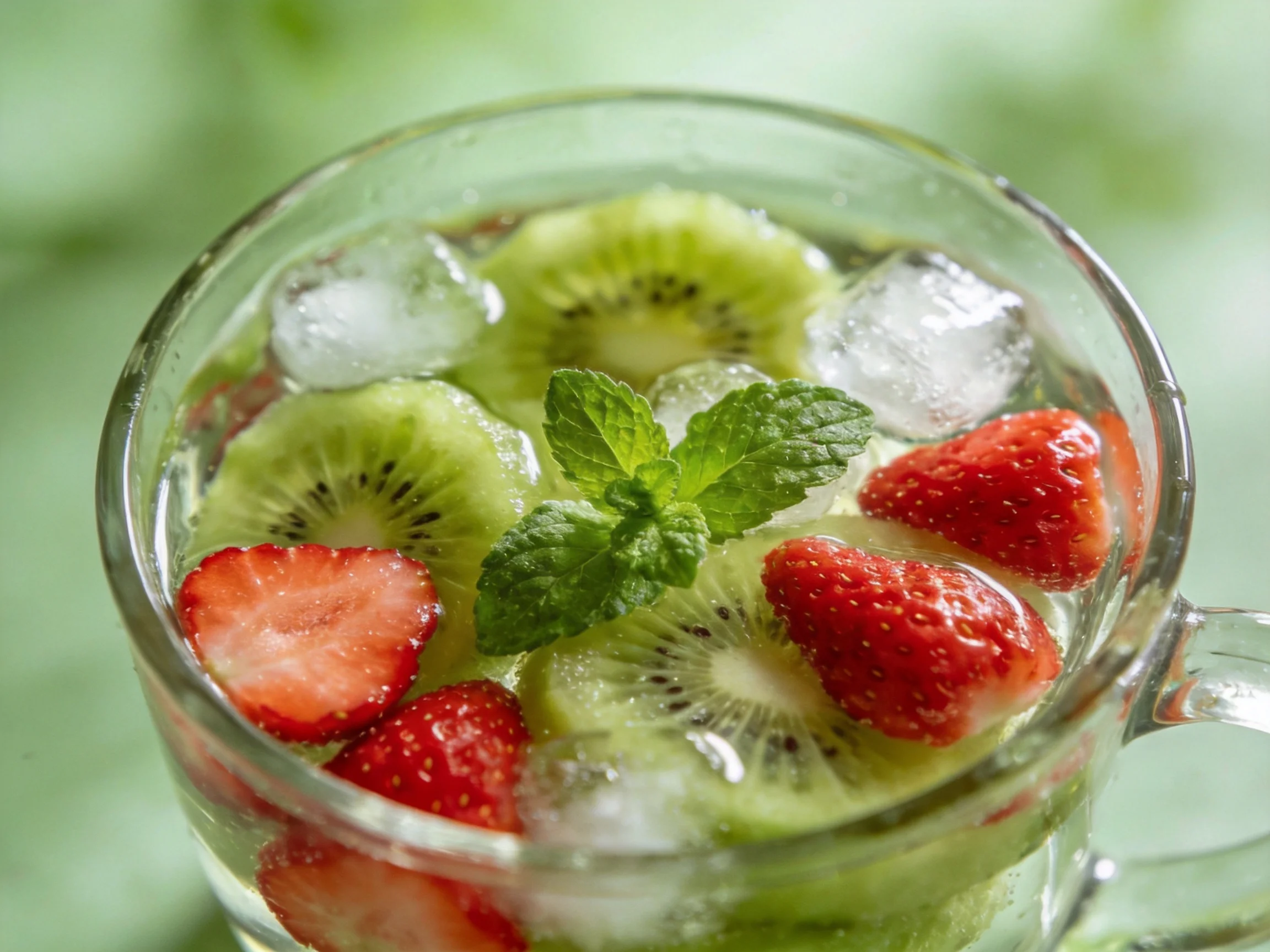 A refreshing fruit-infused drink with strawberries, kiwis, mint, and ice