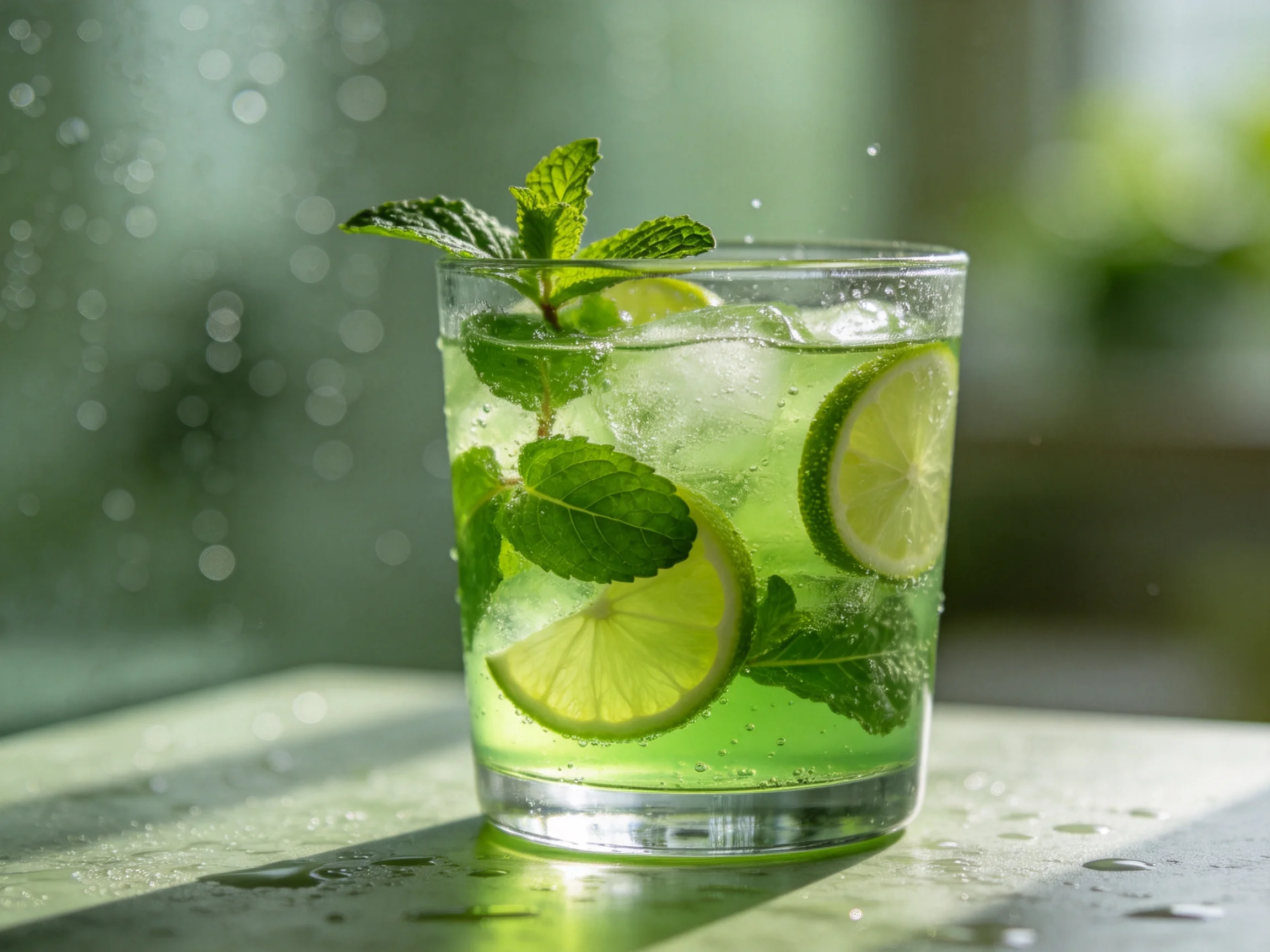 A refreshing mojito with lime slices and mint leaves