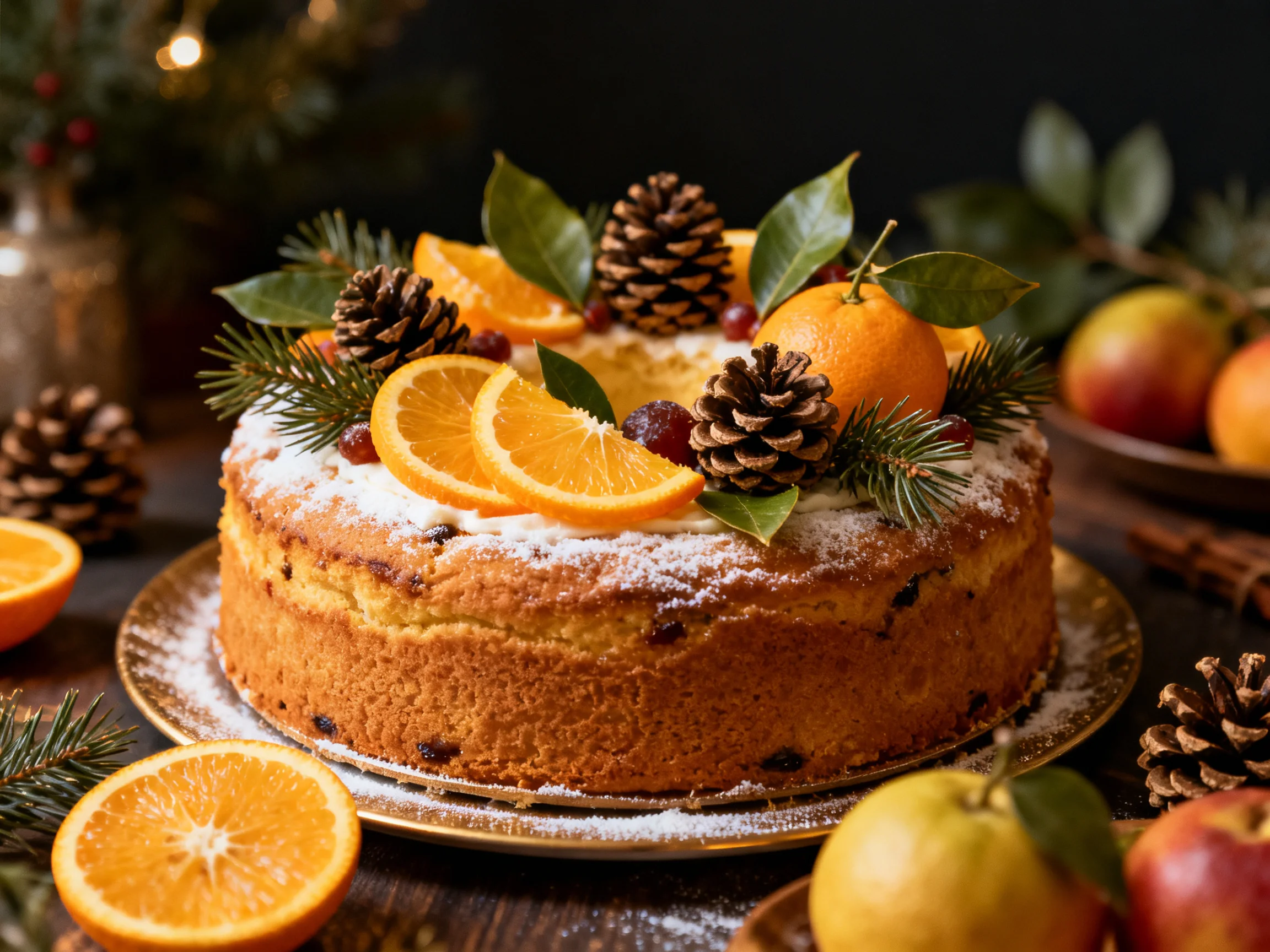 A richly decorated cake featuring orange slices, pinecones, and seasonal fruits