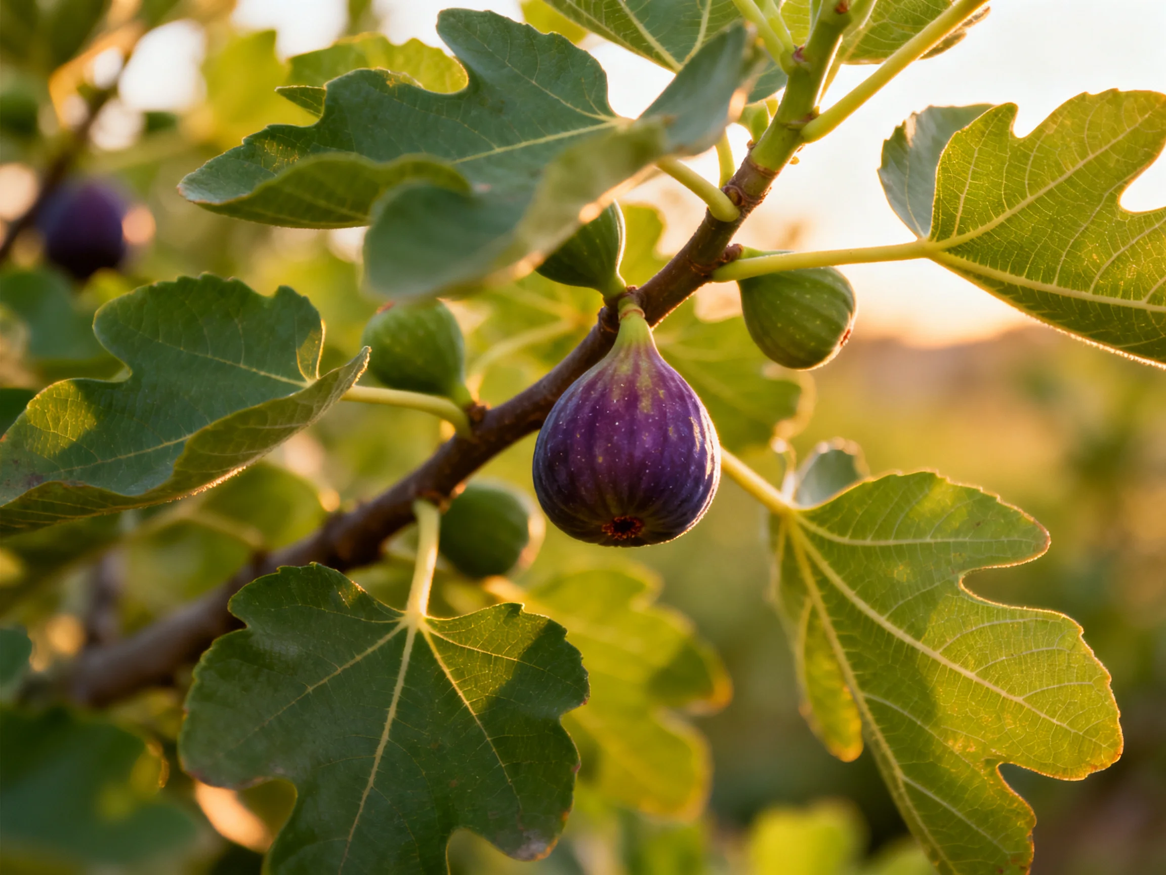 A ripe deep-purple fig hangs among broad green leaves in golden light