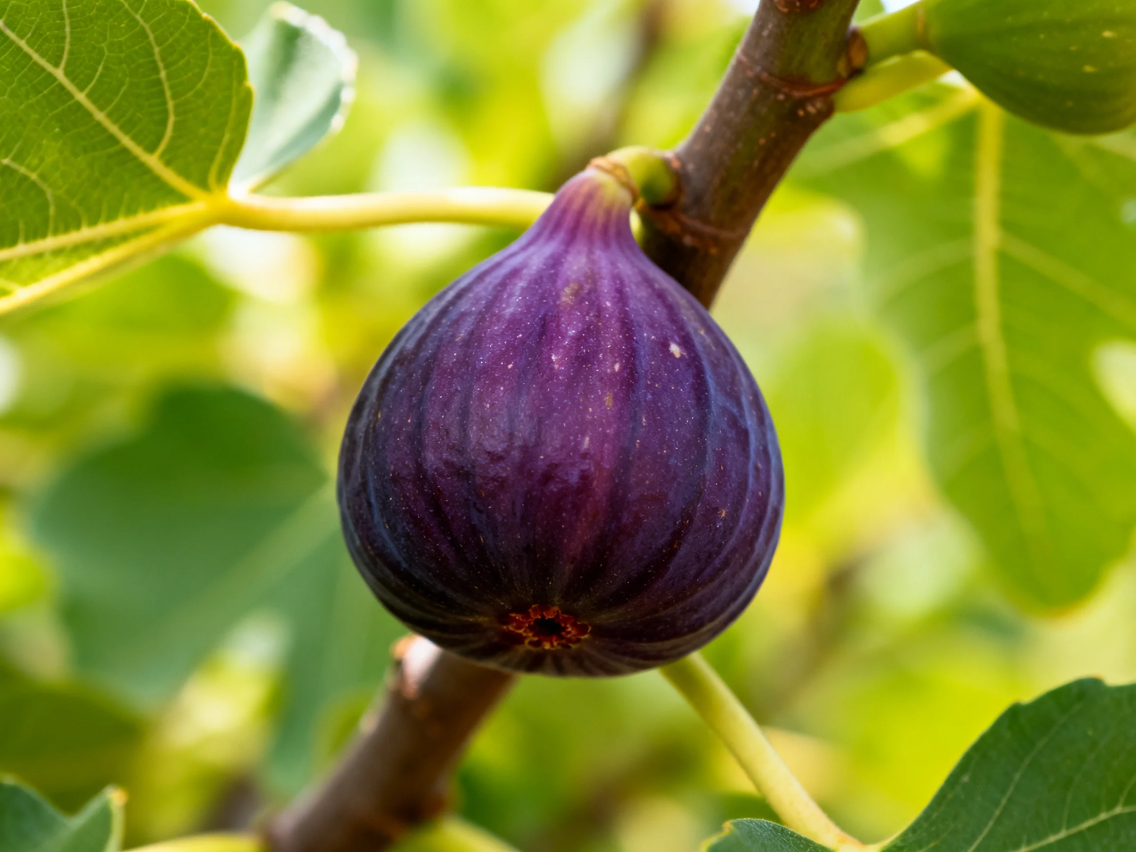A ripe, deep-purple fig hangs from a tree branch amid lush green foliage.