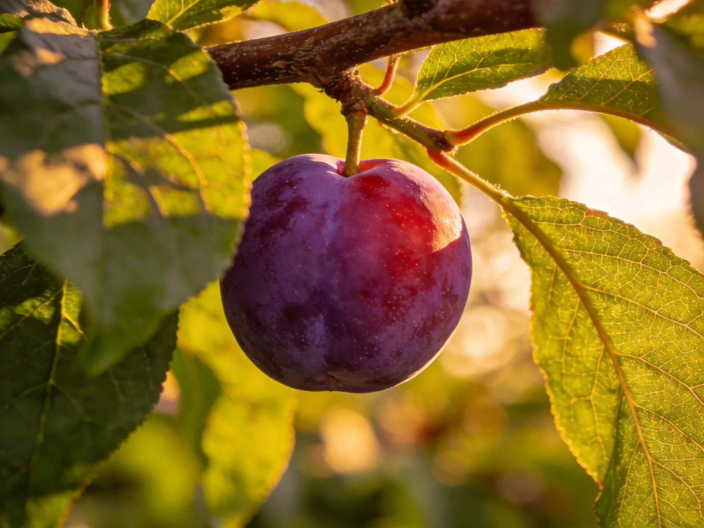 A ripe deep-purple plum hangs from a tree branch among green leaves