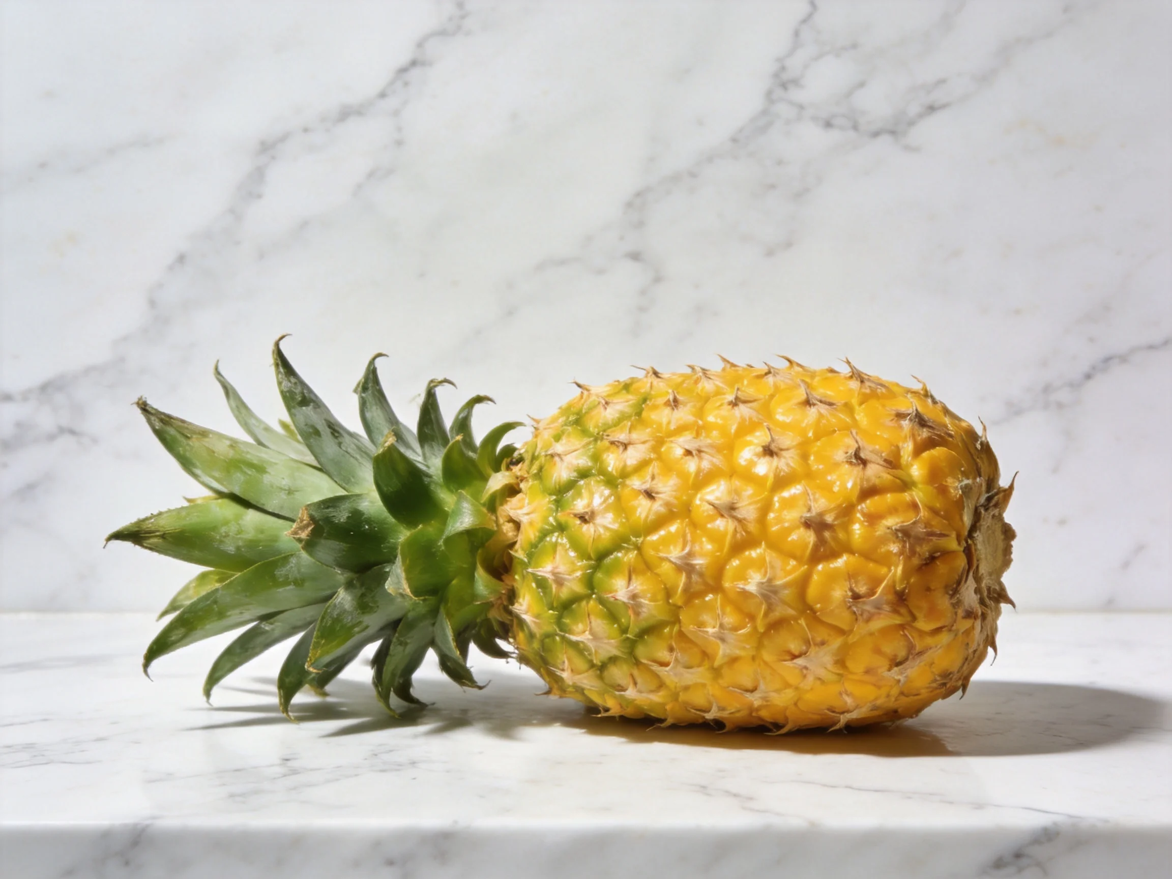 A ripe golden pineapple lies on white marble with green crown