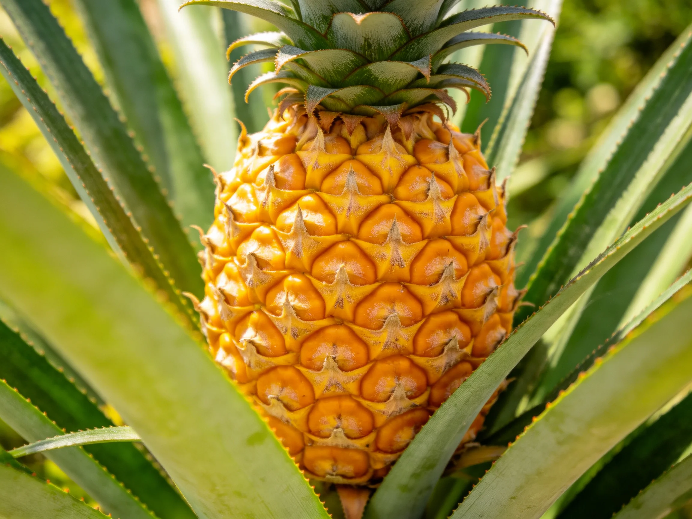 A ripe golden pineapple nestled among lush green foliage