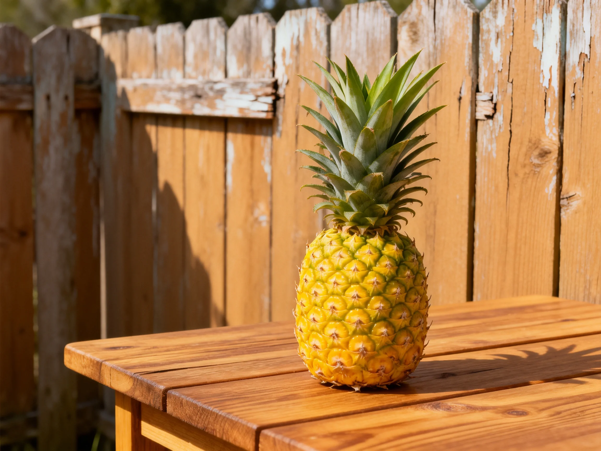 A ripe golden pineapple sits on a polished wooden table by a weathered fence