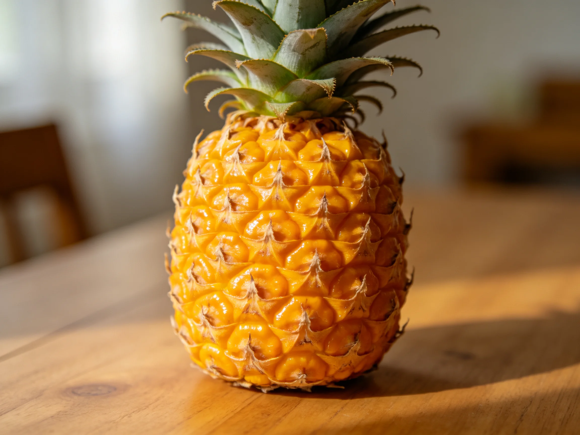 A ripe golden pineapple sits on a wooden table