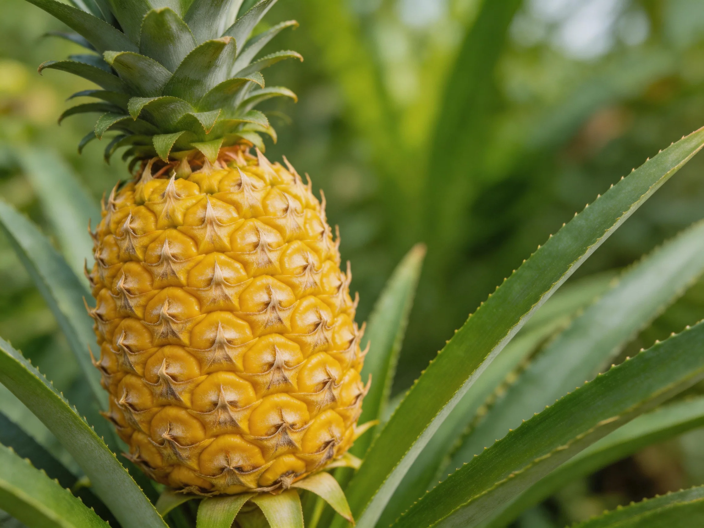 A ripe golden pineapple surrounded by lush green foliage