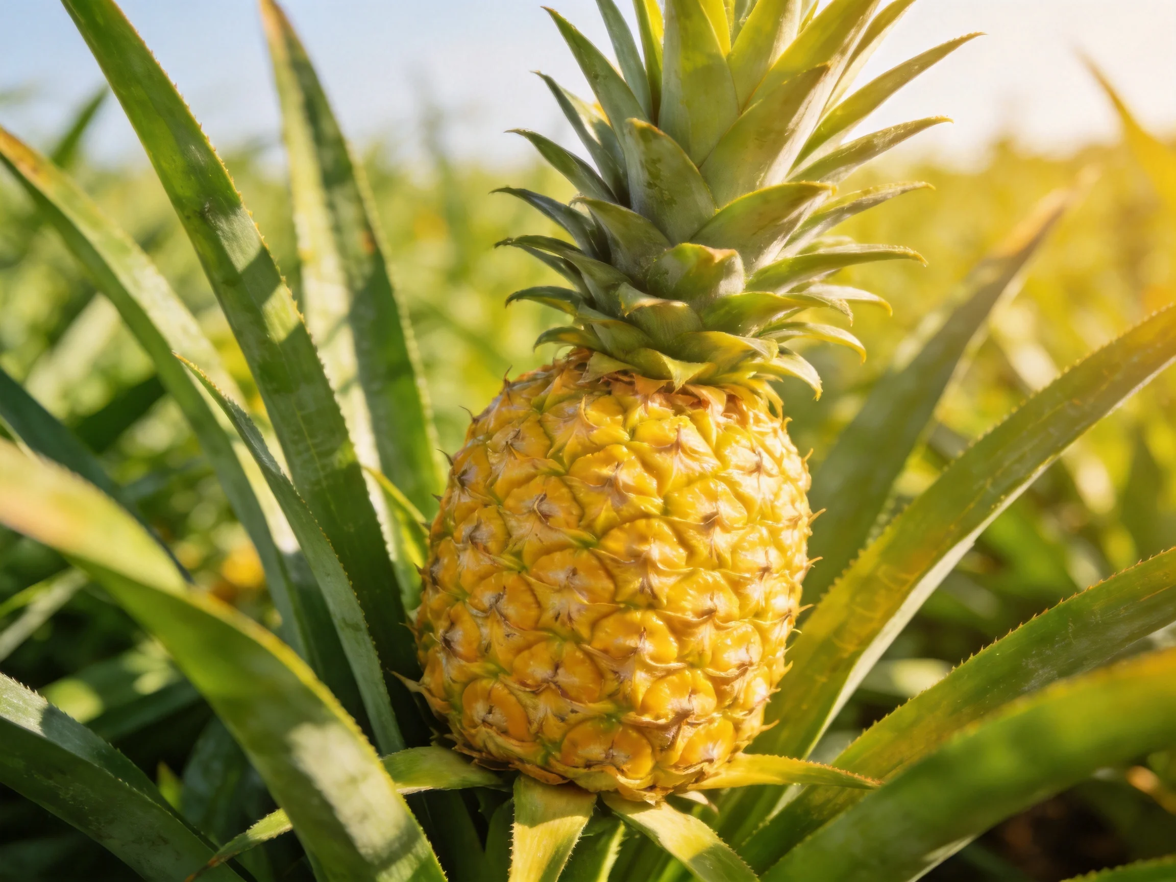 A ripe golden pineapple surrounded by lush green foliage in a sunlit field