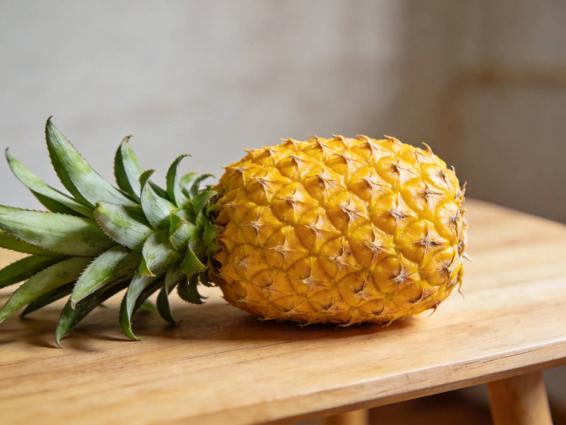 A ripe golden pineapple with spiky exterior rests on a wooden table