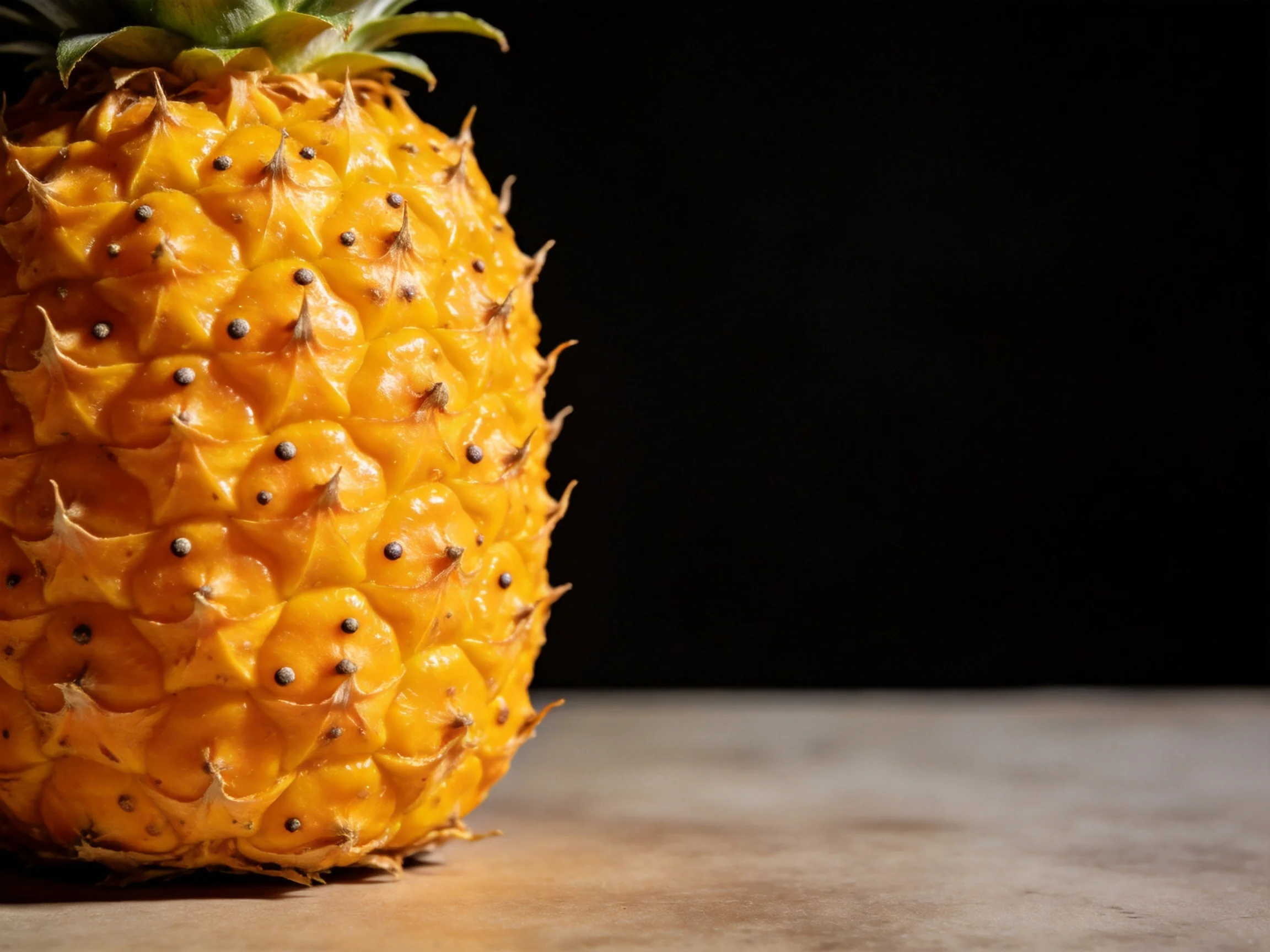 A ripe golden pineapple with textured rind and green crown