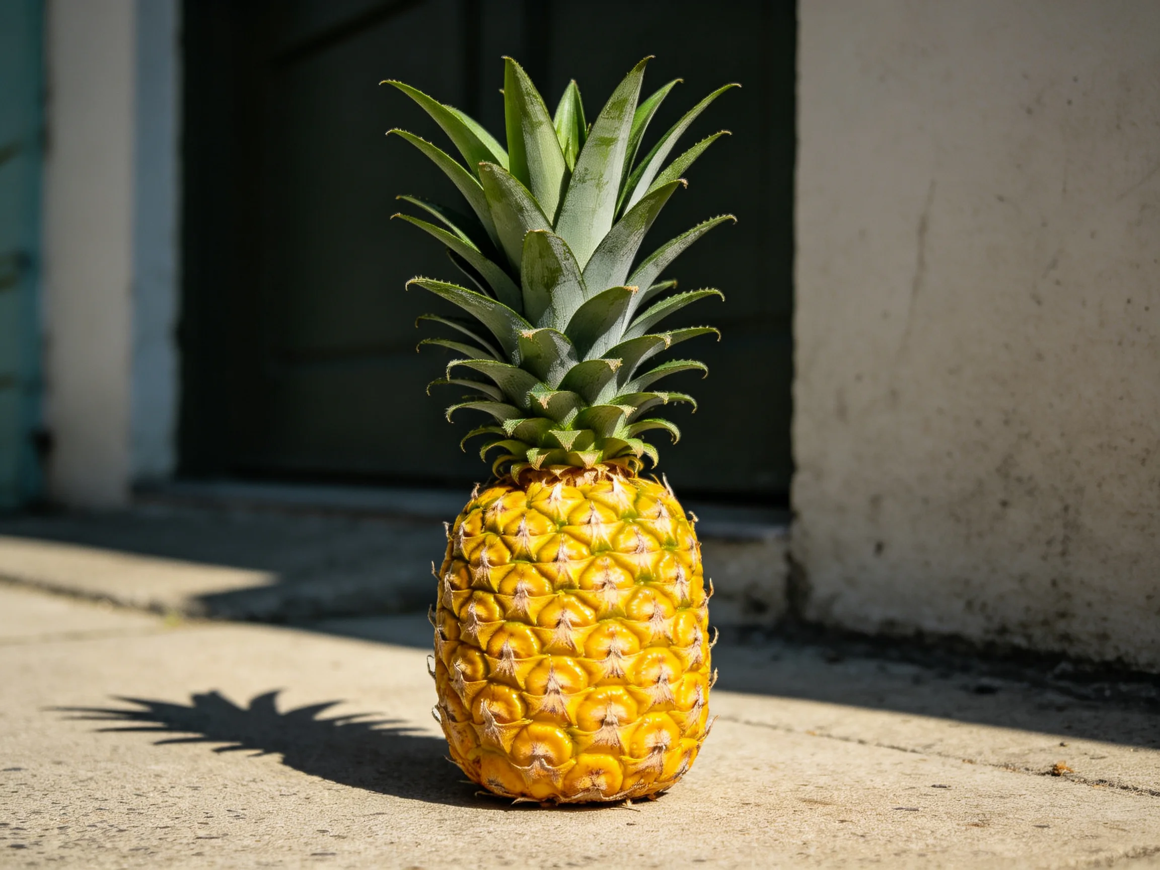 A ripe golden pineapple with vibrant green crown on concrete