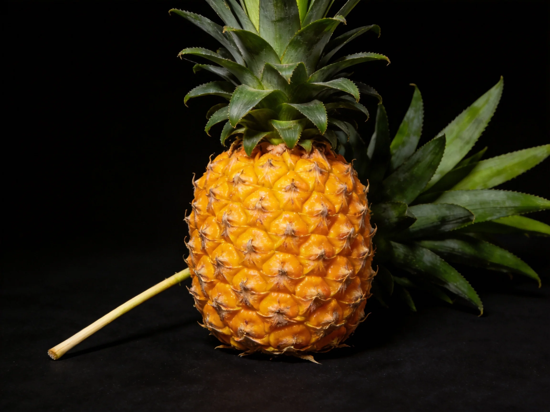 A ripe golden pineapple with vibrant green leaves on a black surface