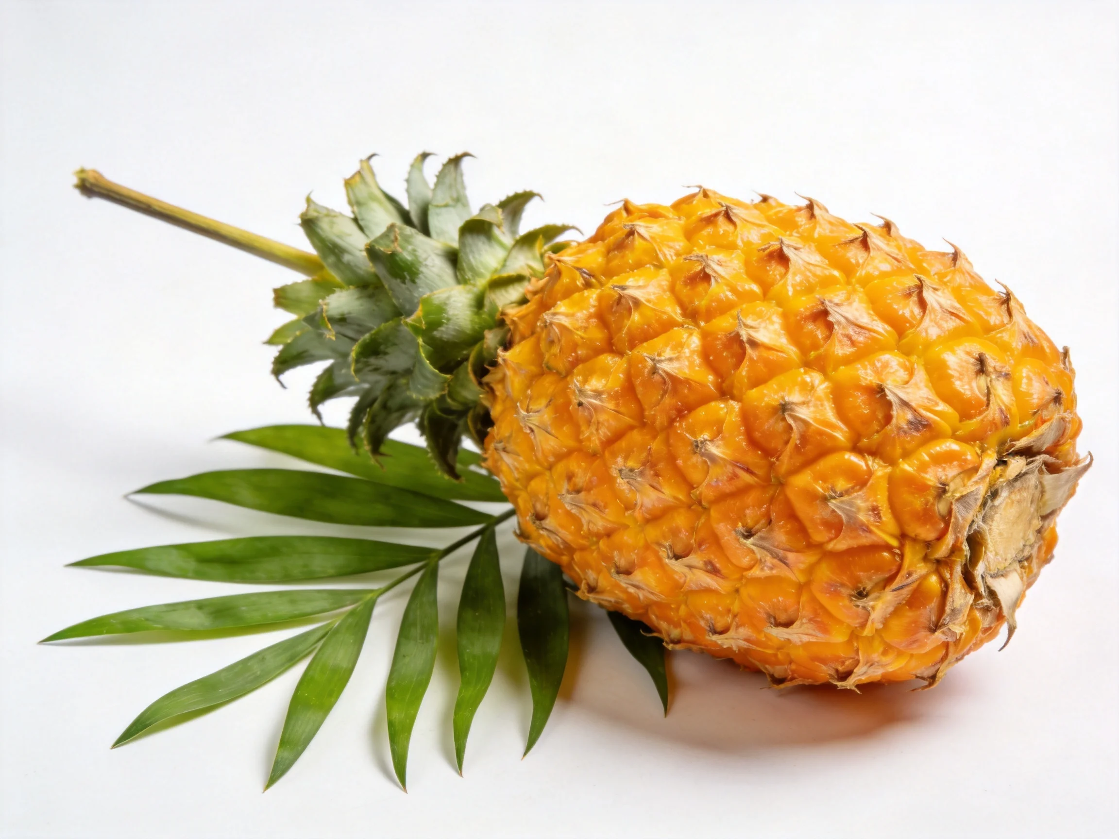 A ripe golden pineapple with vibrant green leaves on white