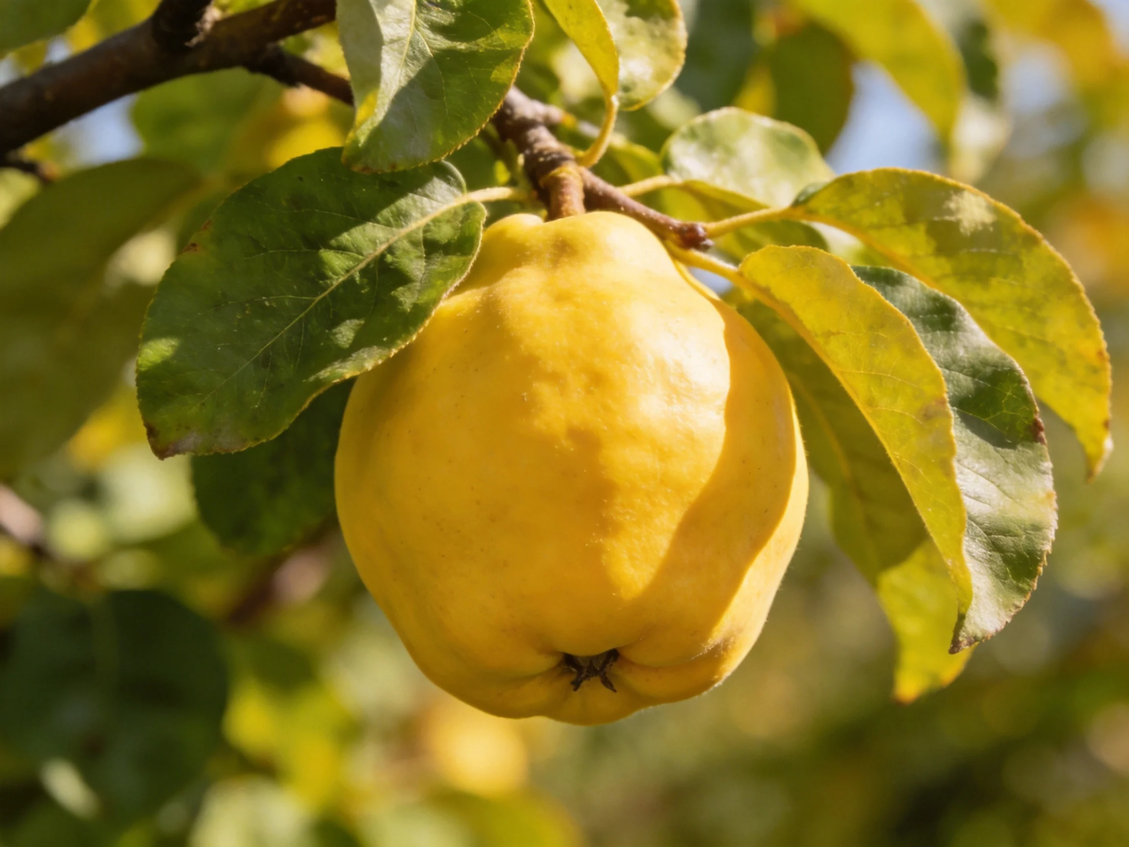 A ripe golden quince hangs from a branch amid green foliage