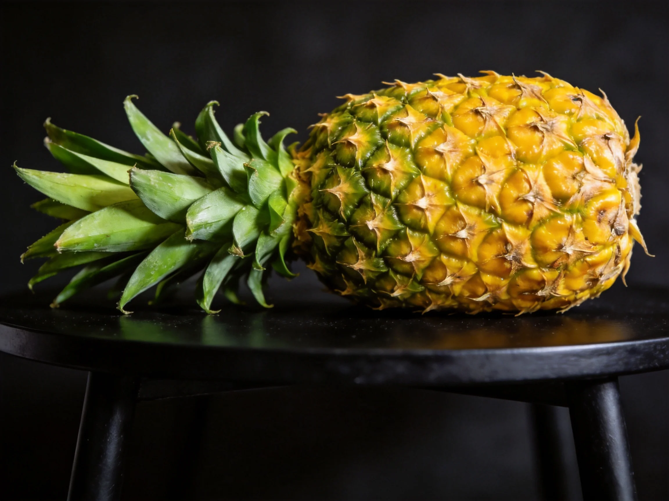 A ripe golden-yellow pineapple rests on a sleek black stool against a dark backdrop