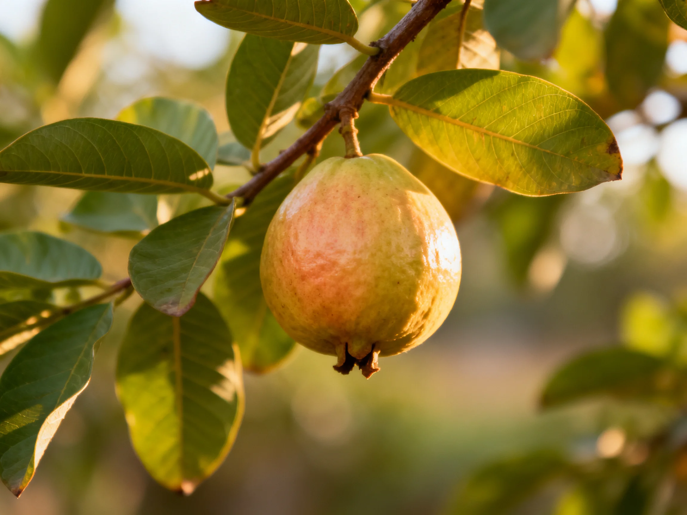 A ripe guava hangs from a branch amid lush green foliage