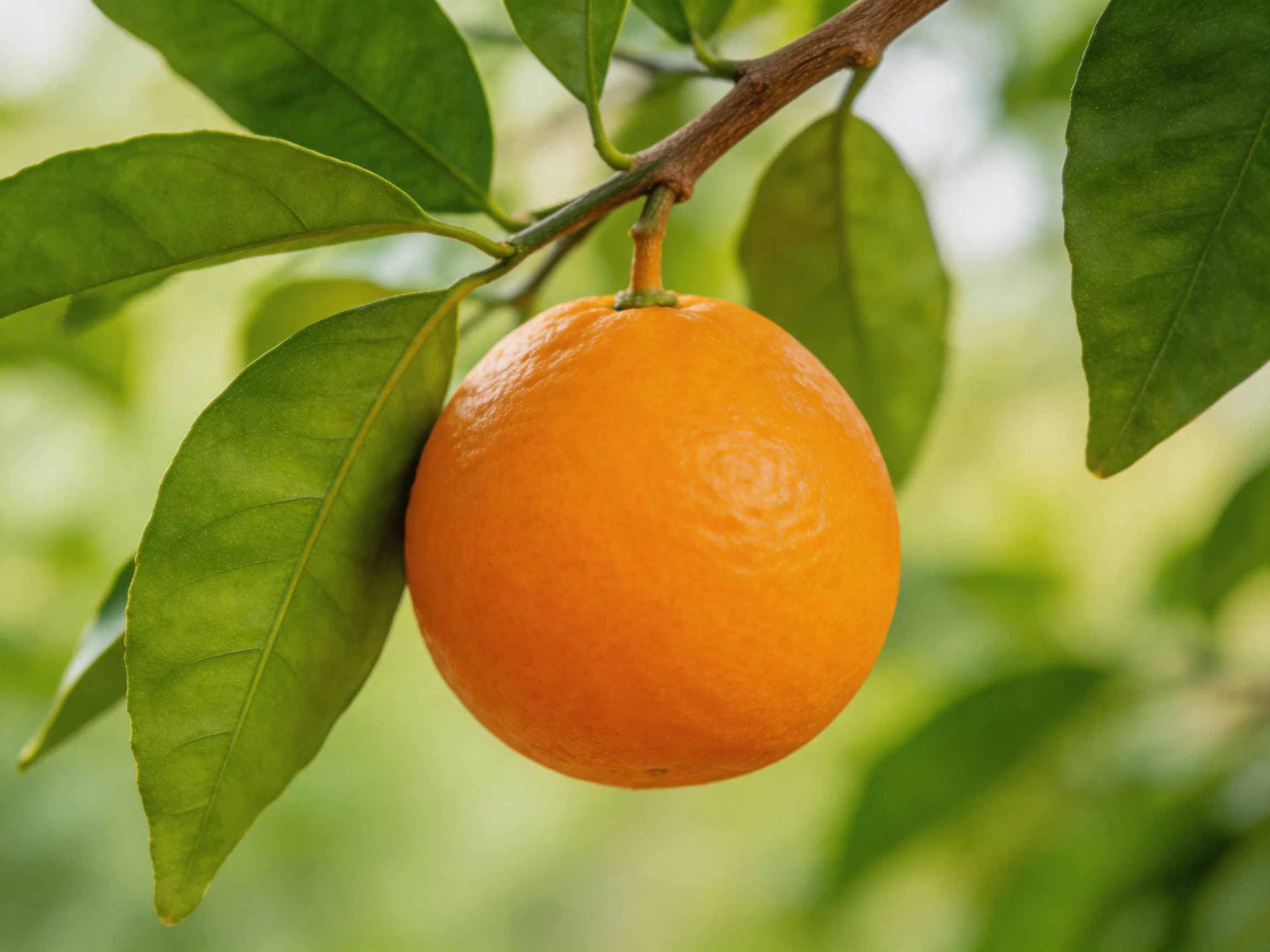 A ripe orange fruit suspended from a tree branch with glossy green leaves
