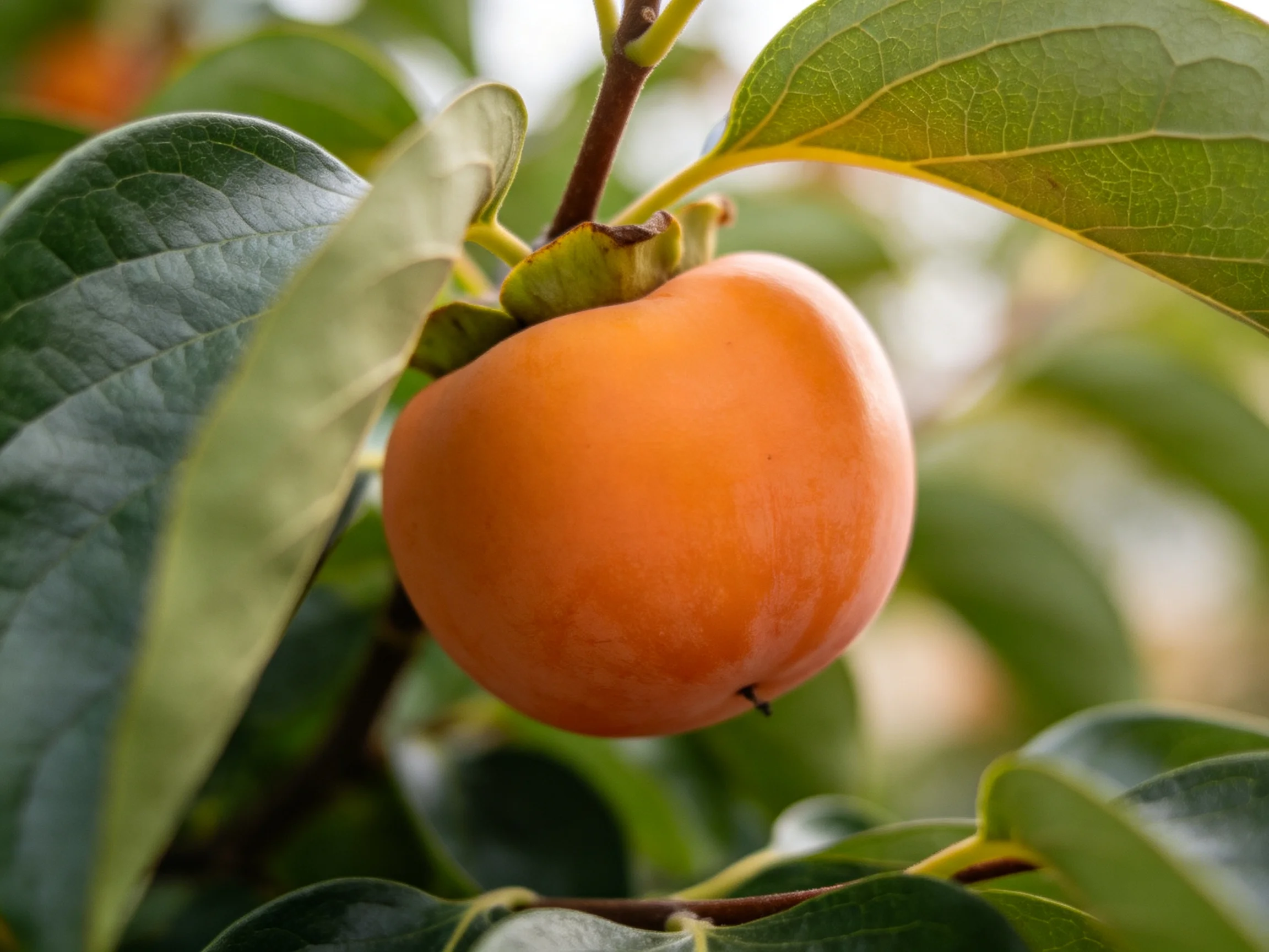 A ripe orange persimmon grows among large green leaves on a tree.