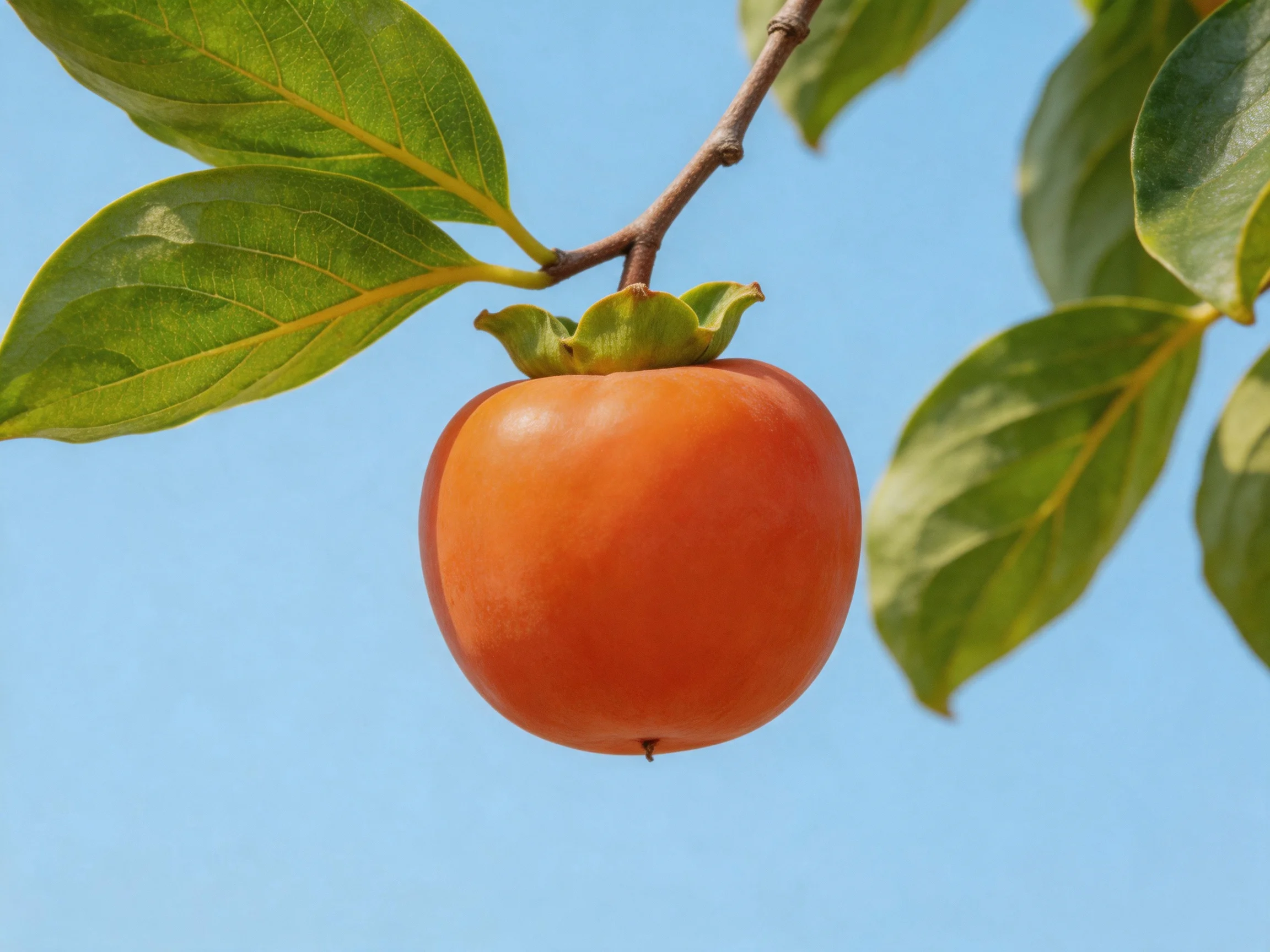 A ripe orange persimmon hangs from a branch with green leaves
