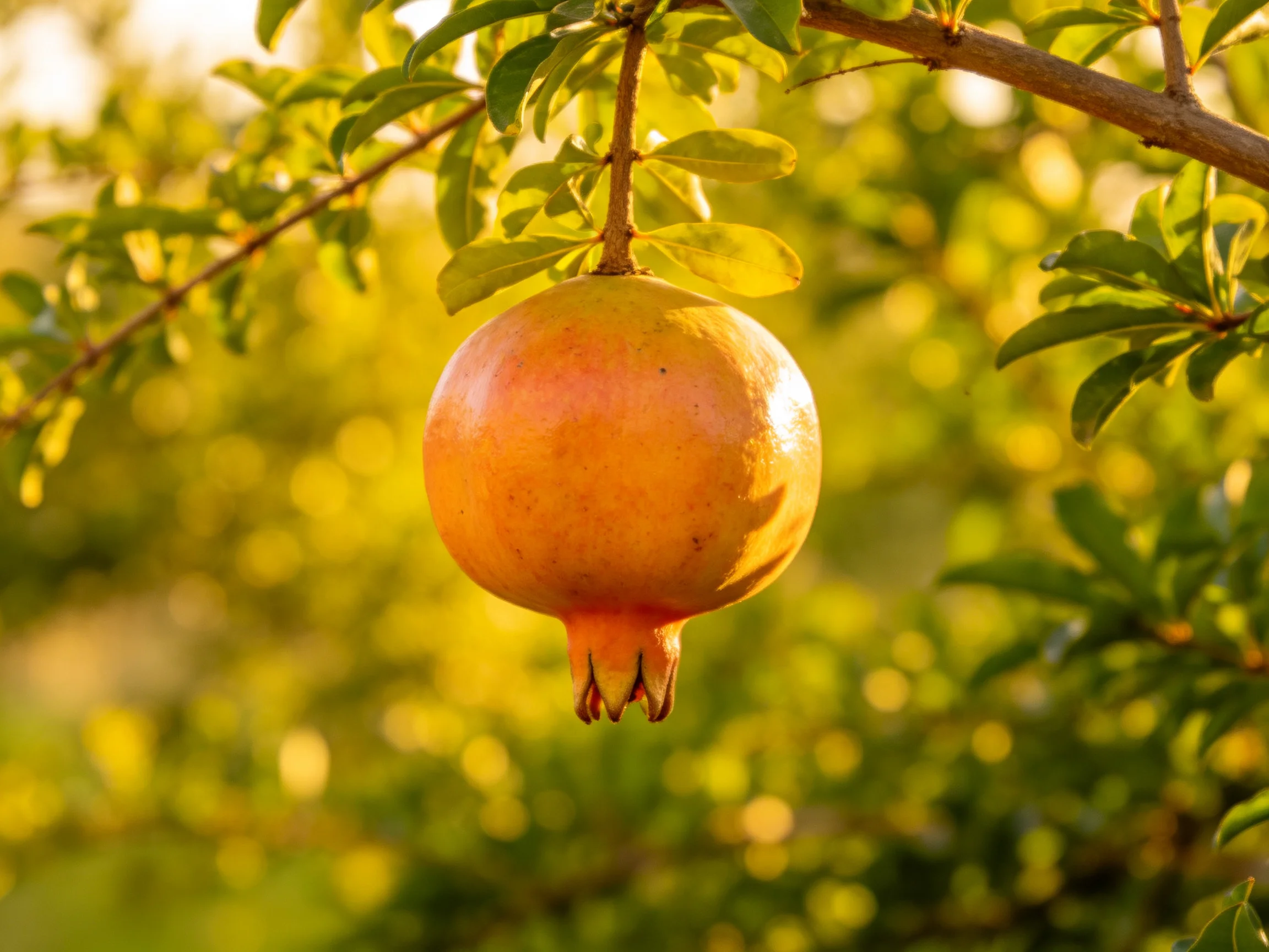 A ripe orange pomegranate hangs from a tree branch amid lush green foliage