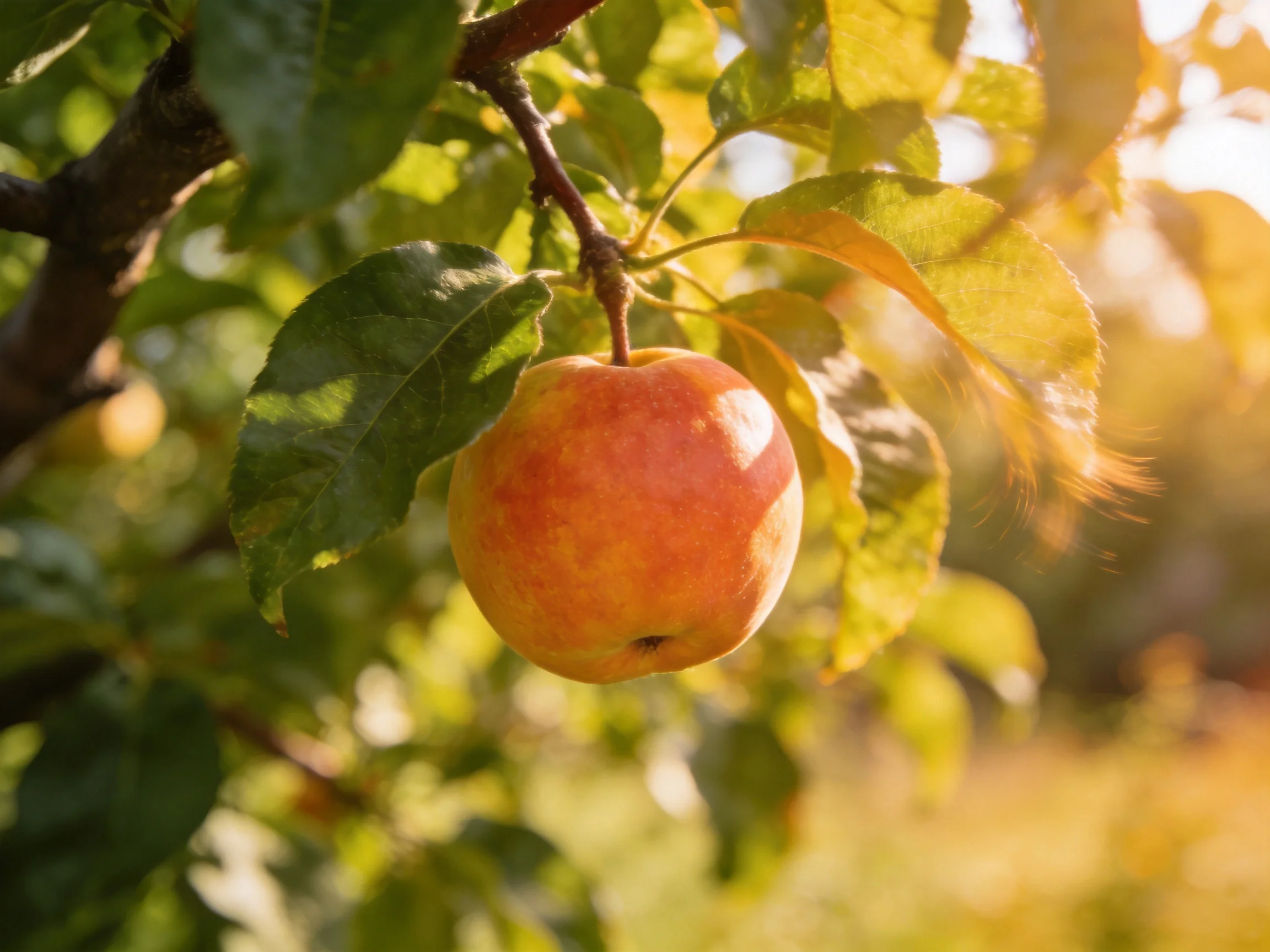 A ripe orange-red apple hangs from a tree branch amid green foliage
