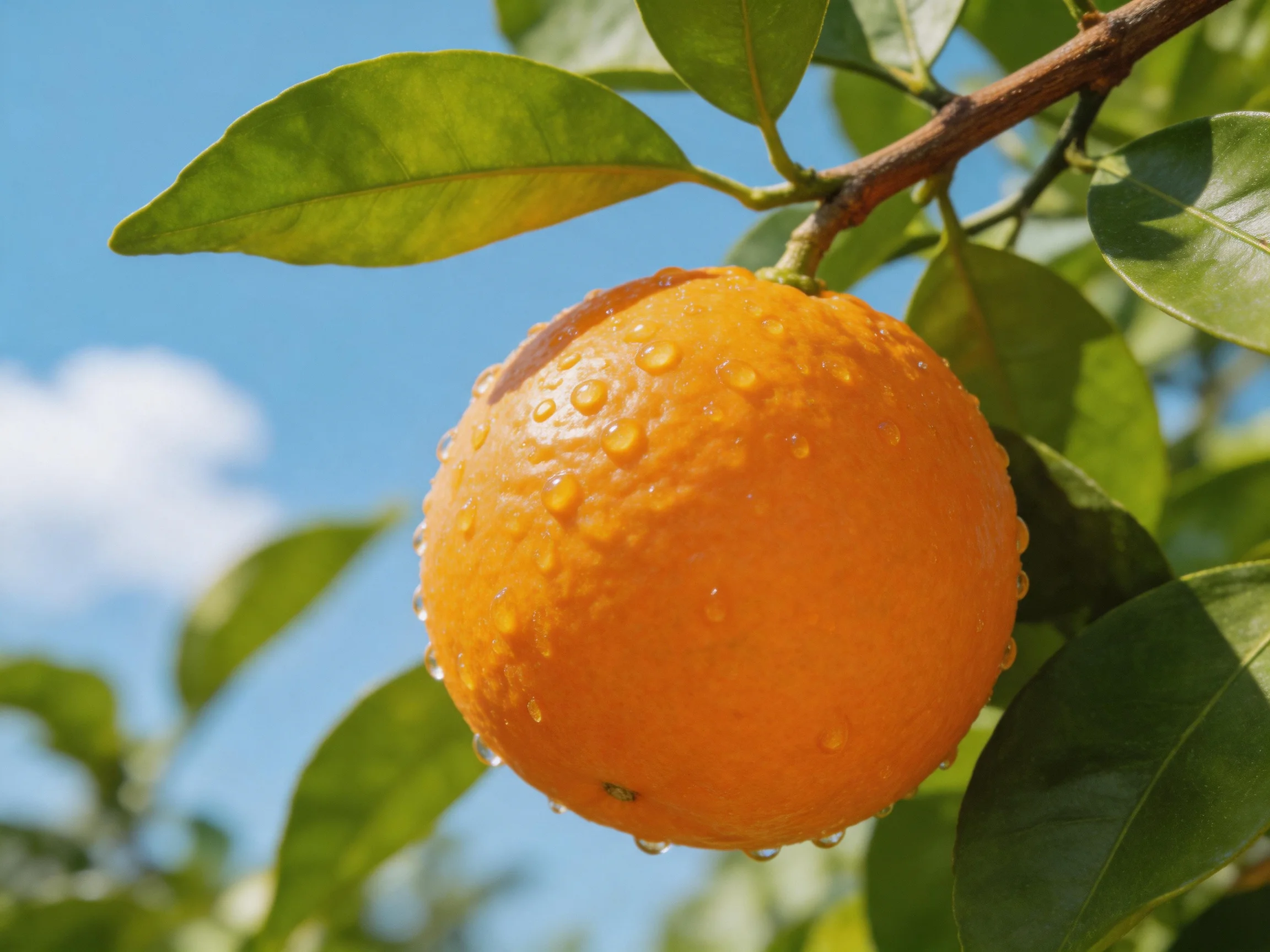 A ripe orange with water droplets hangs from a leafy branch