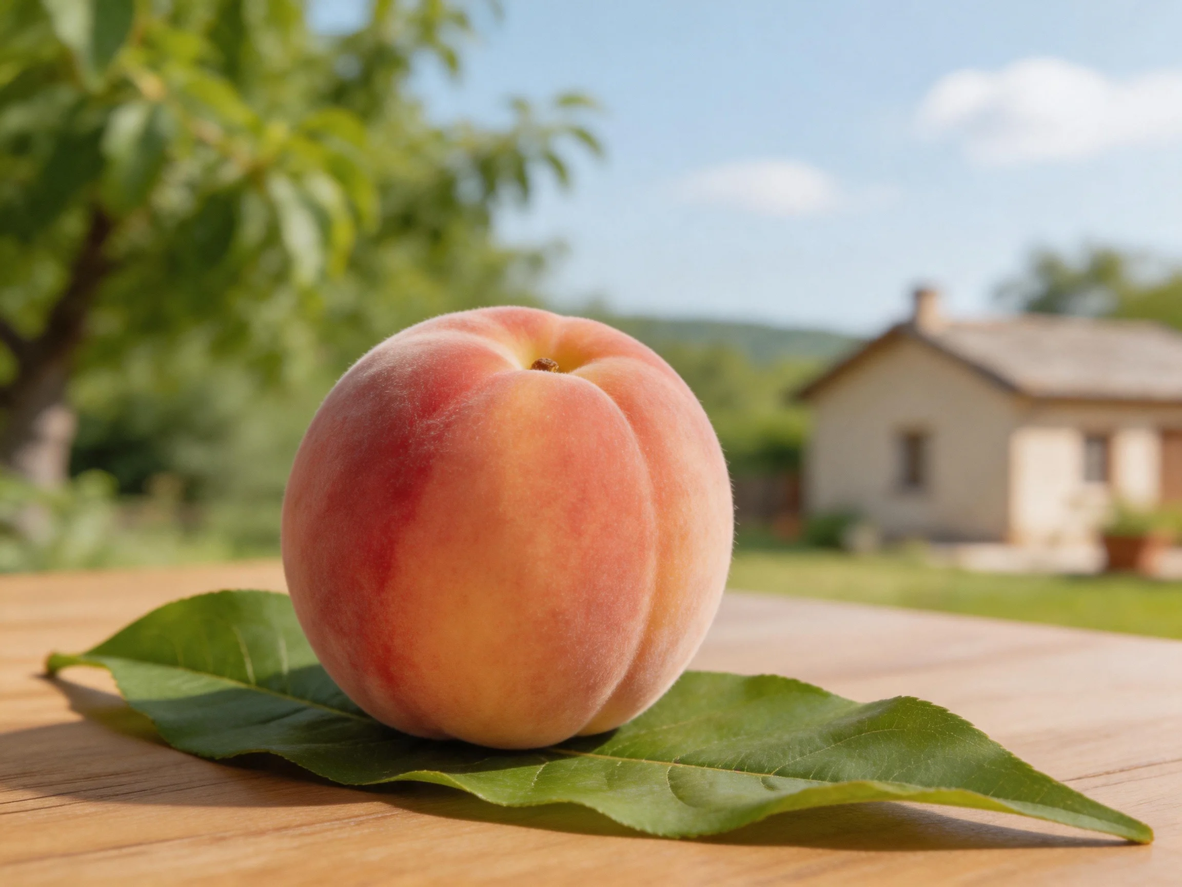 A ripe peach with pink and orange hues rests on a large green leaf over a wooden surface near a cotta