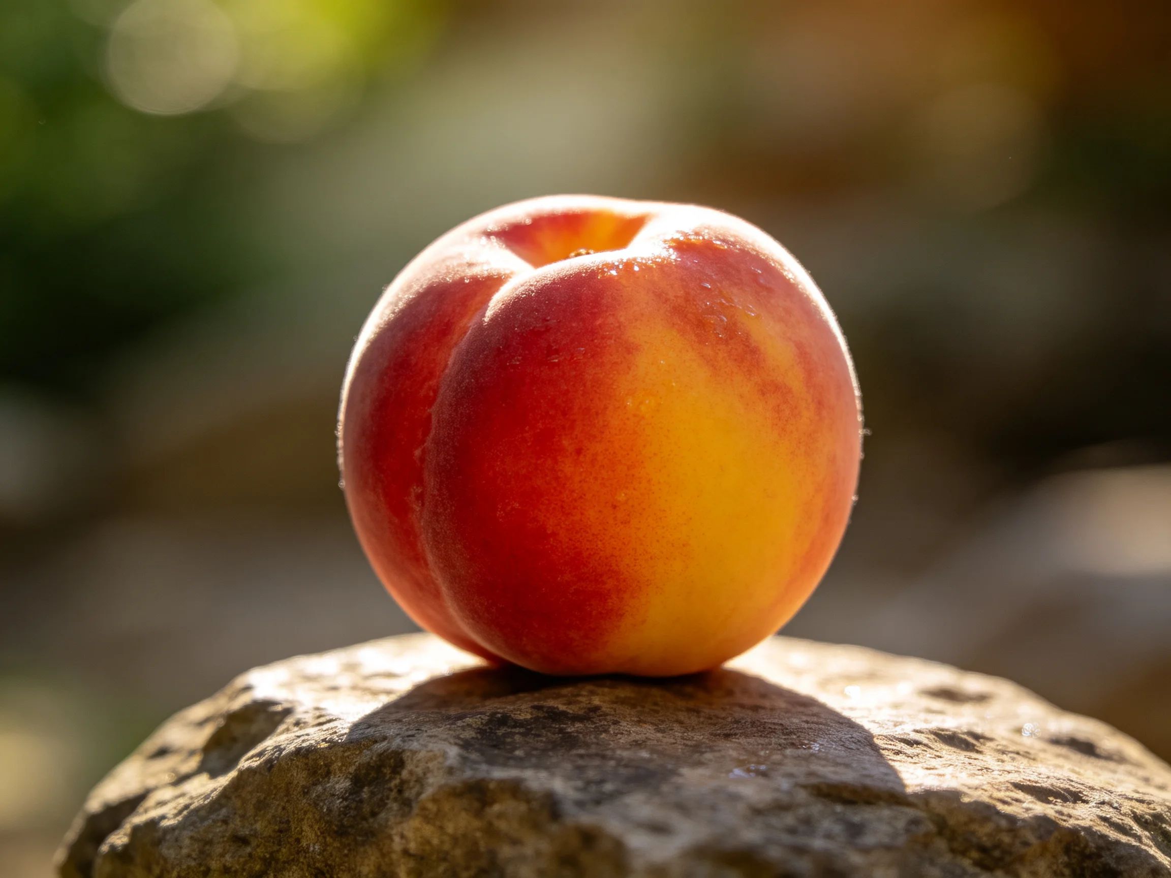A ripe peach with red and yellow hues sits atop a textured stone outdoors.