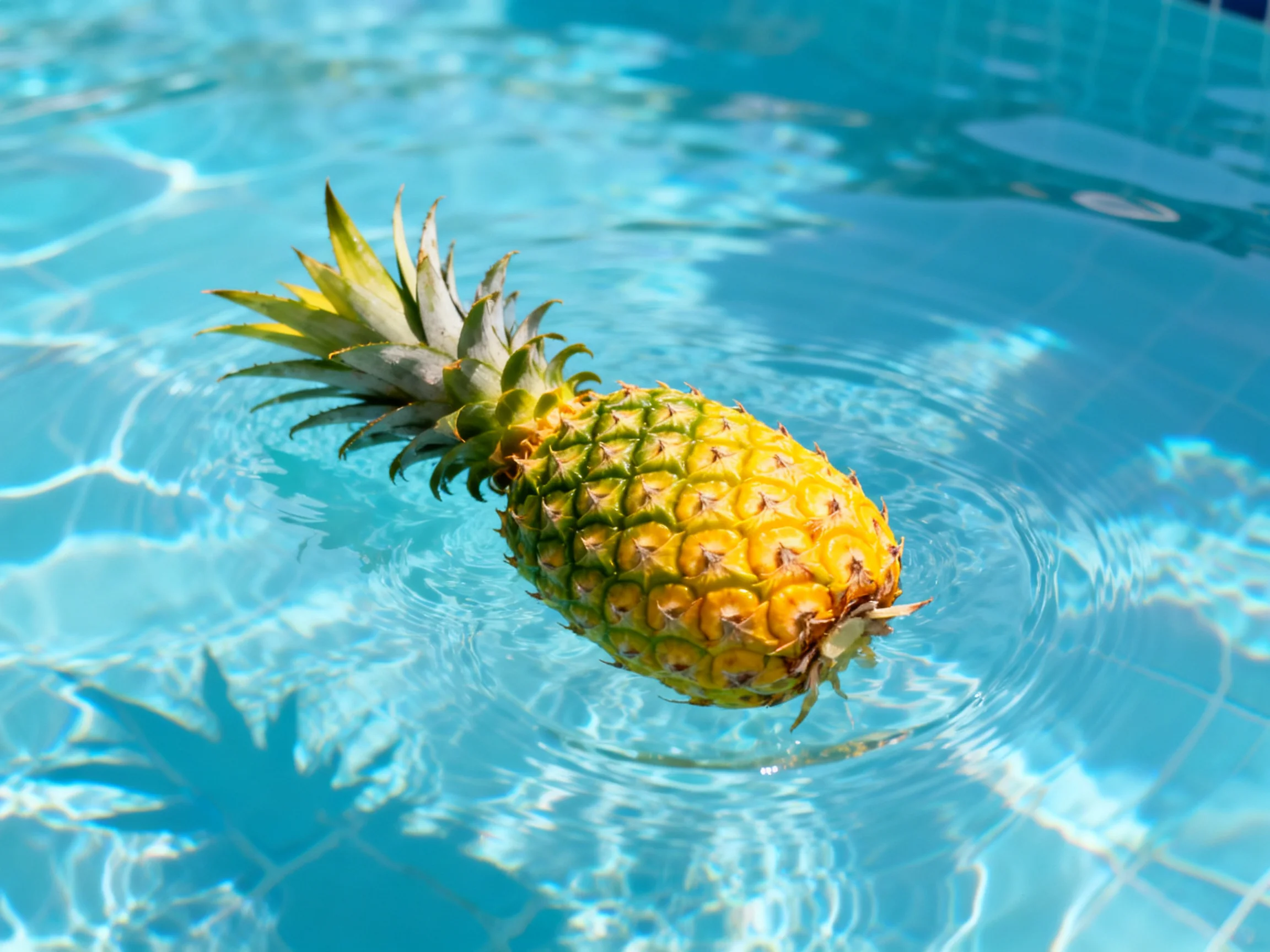A ripe pineapple floats in a bright blue swimming pool