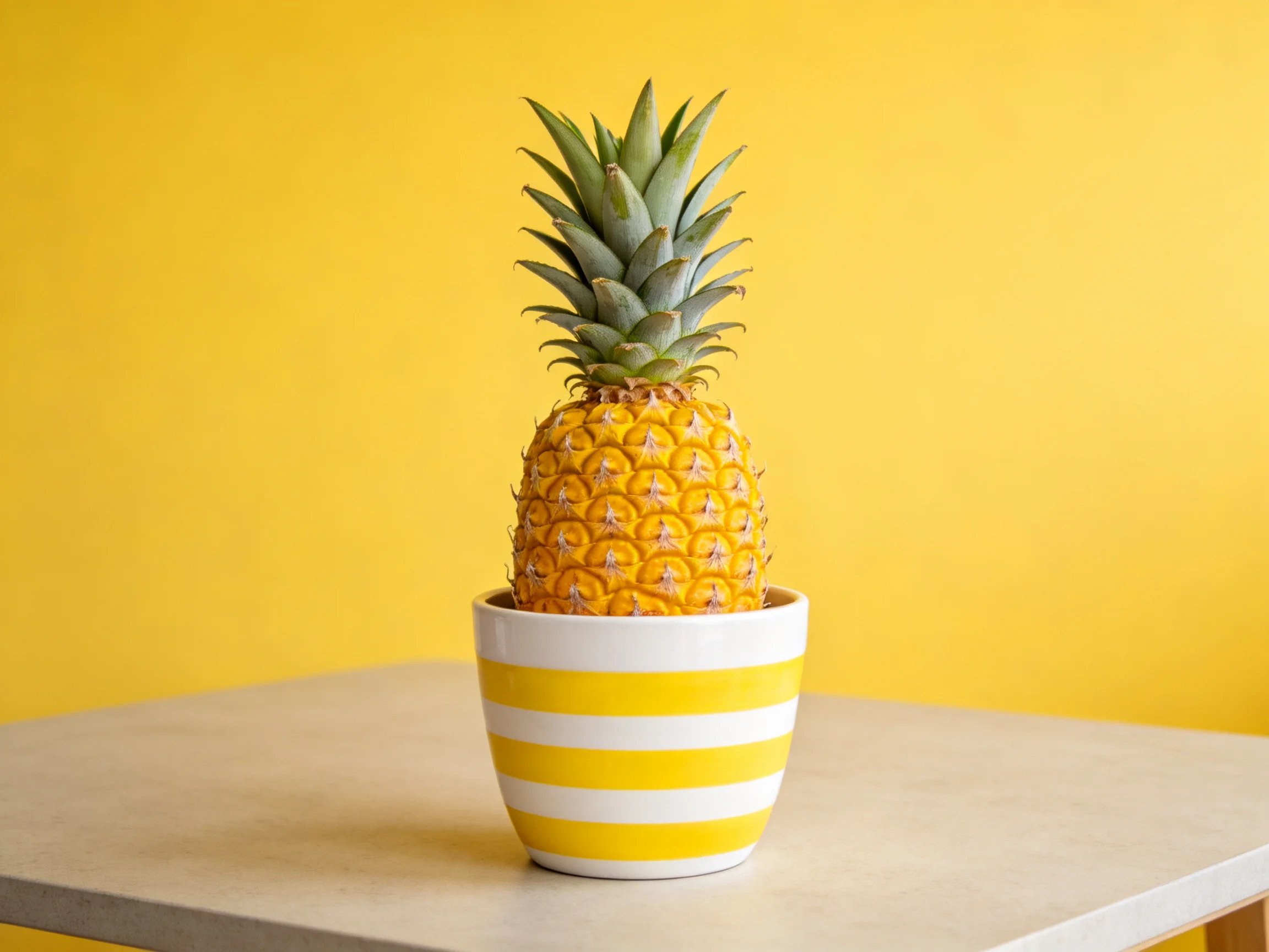A ripe pineapple in a yellow and white striped pot on a light table