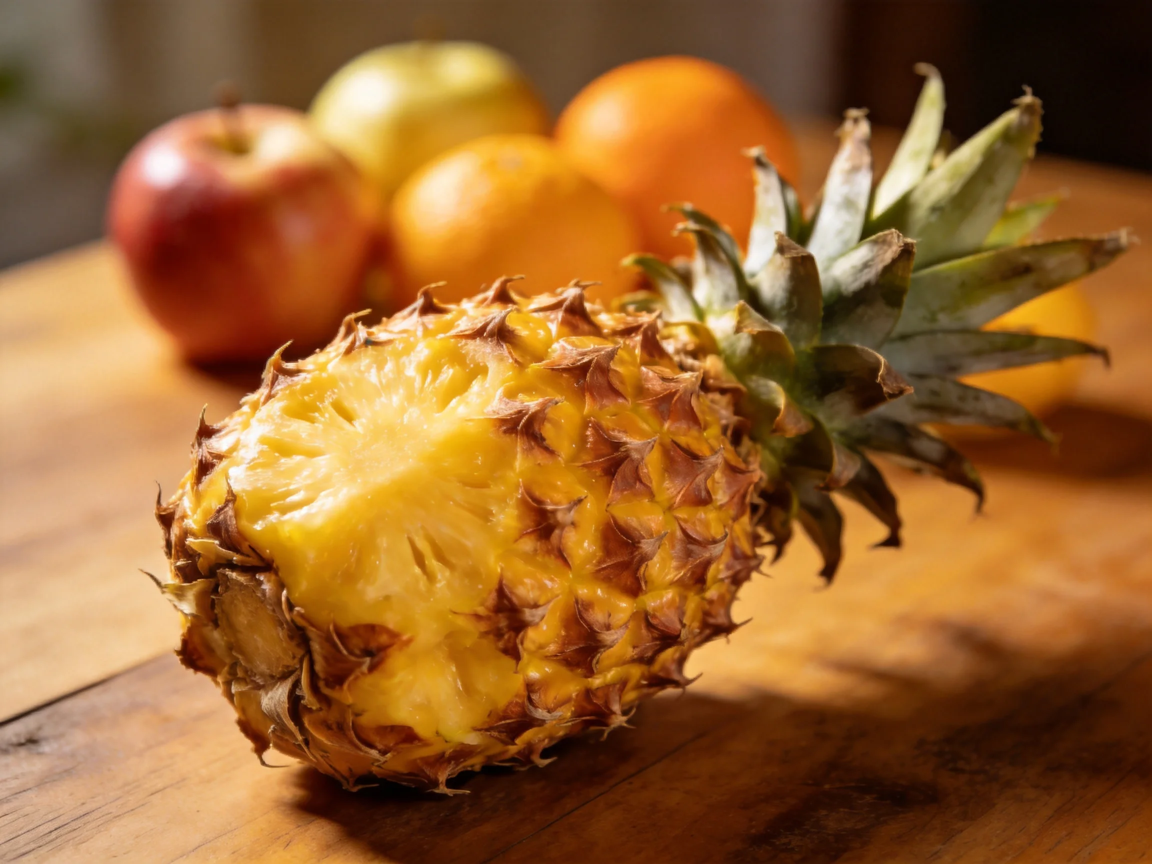 A ripe pineapple sits on a wooden surface with apples and oranges in the background