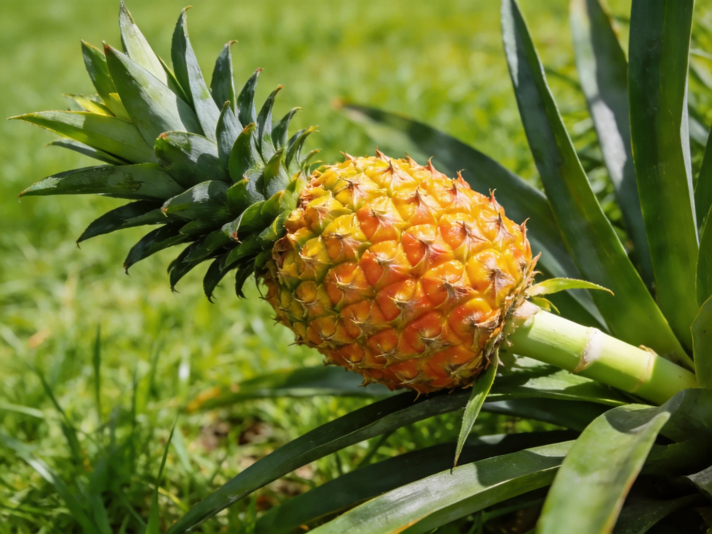 A ripe pineapple with golden-orange skin and lush green leaves
