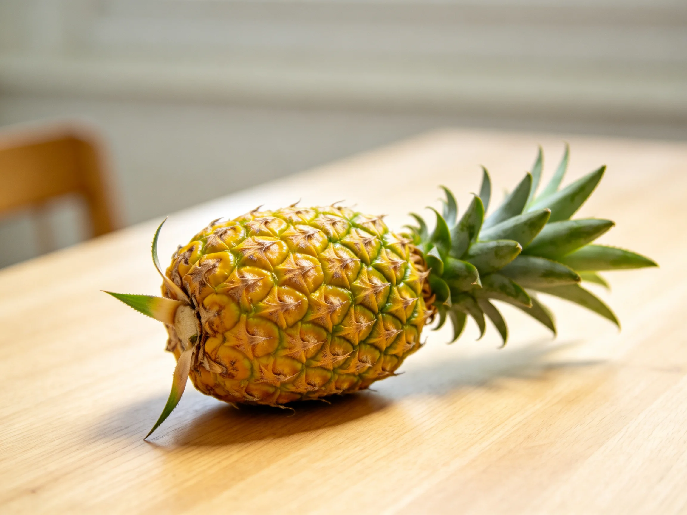 A ripe pineapple with golden-yellow textured skin sits on a light wooden table.