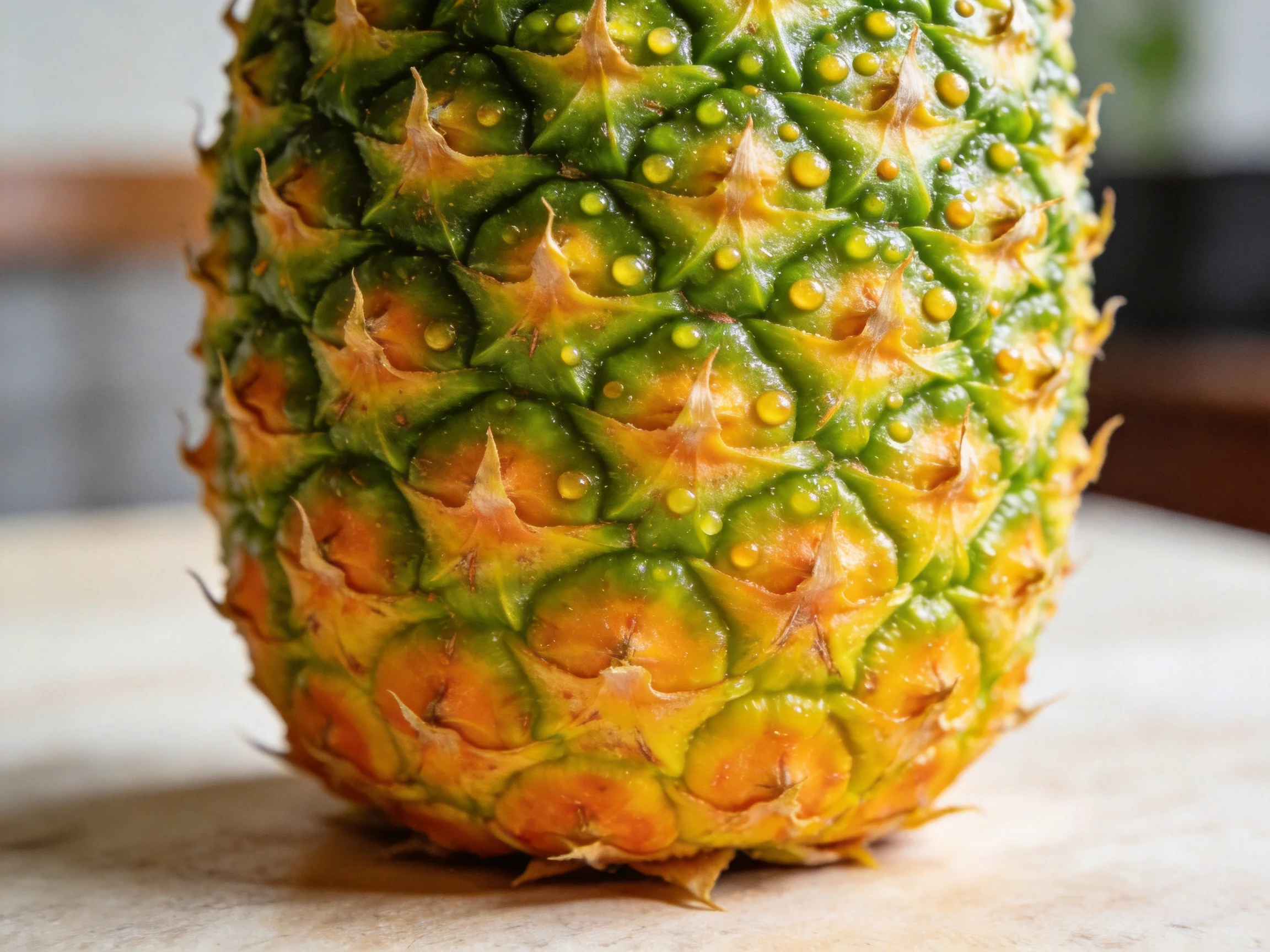 A ripe pineapple with green and golden - hued textured skin