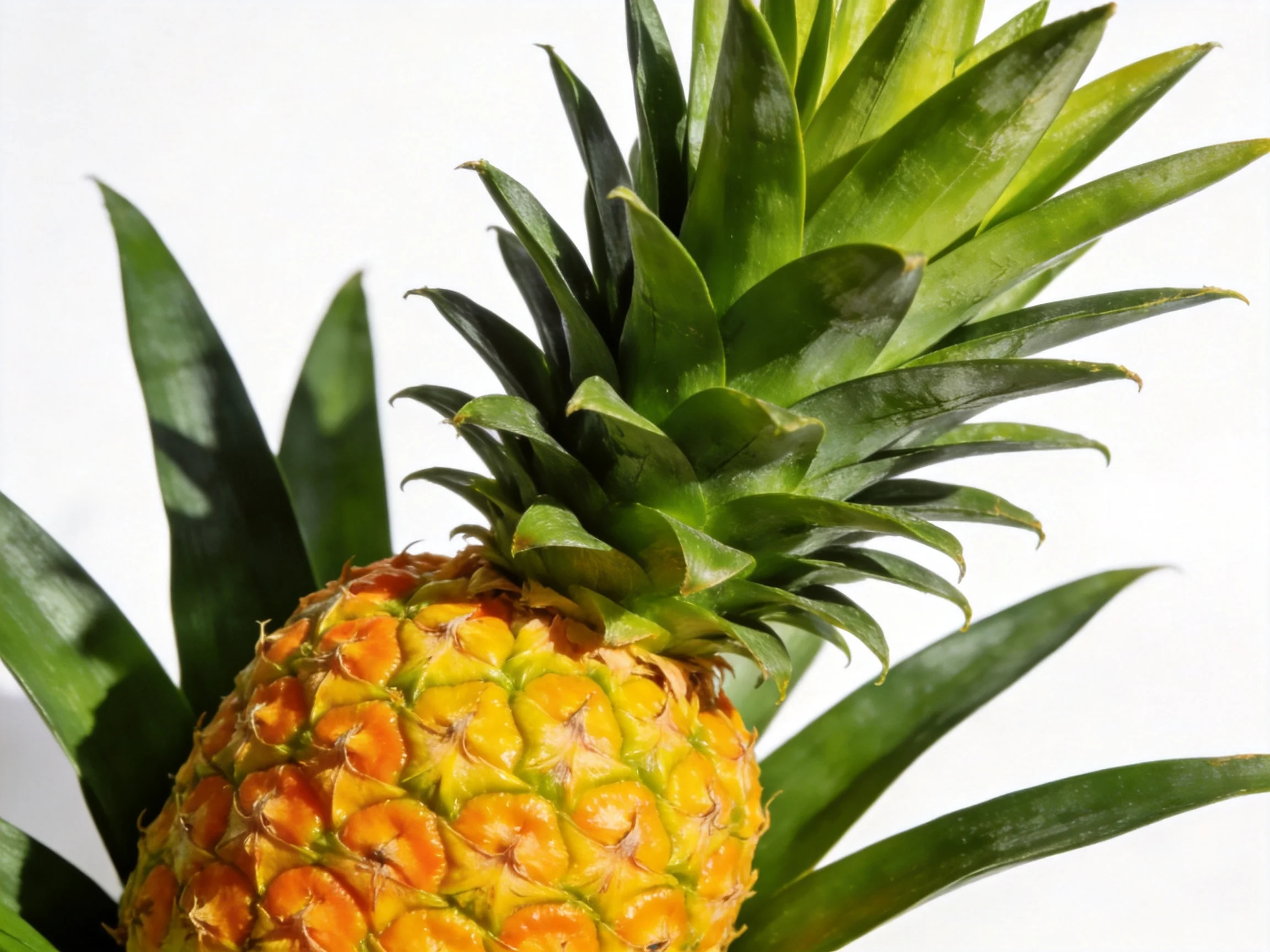 A ripe pineapple with lush green spiky leaves and golden-yellow textured skin